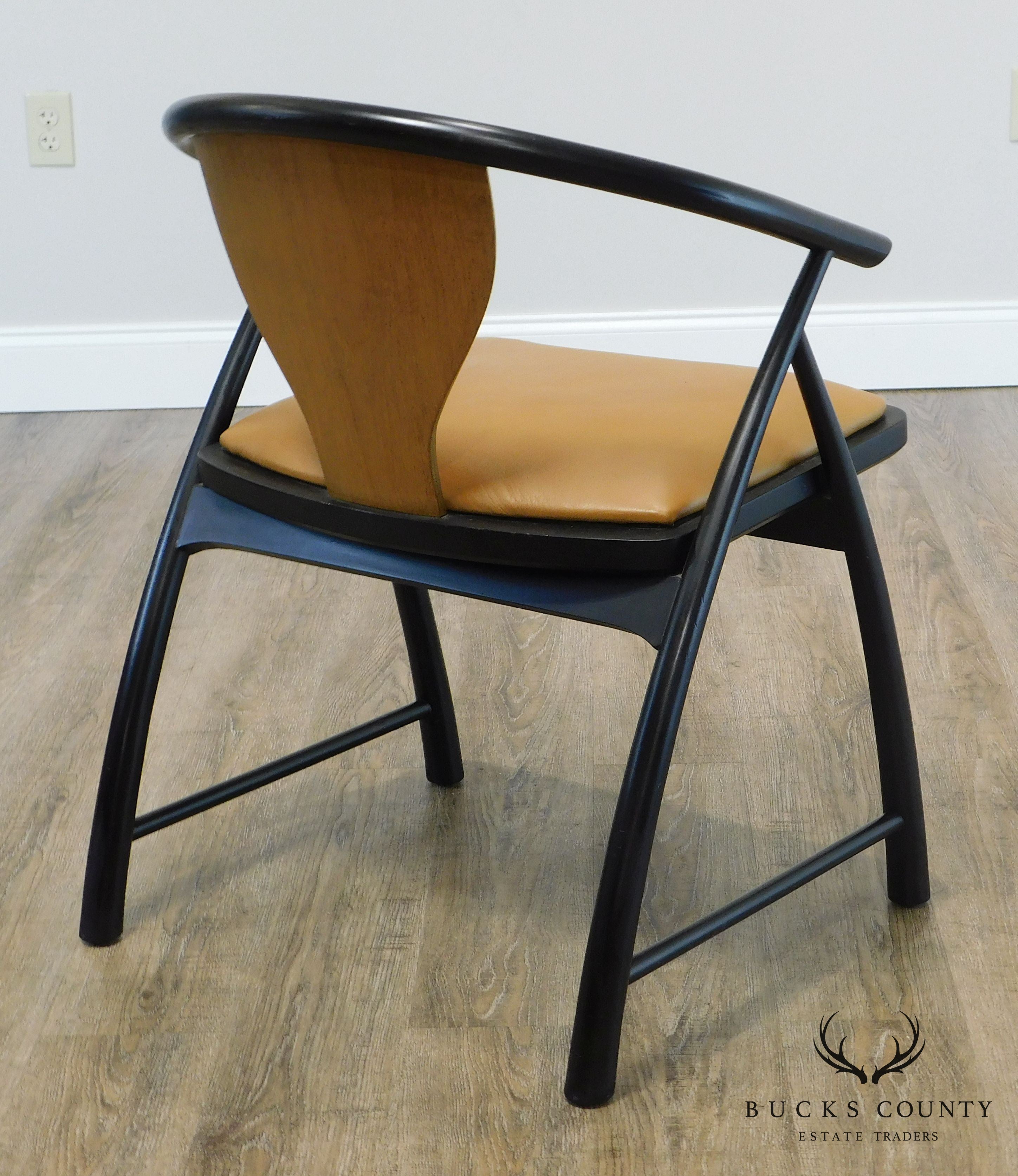 Baker Mid Century Modern Leather Seat Ebonized Armchair Attributed to Tommi Parzinger