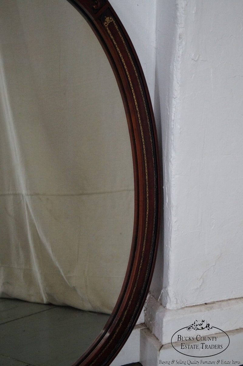 Carved Mahogany & Tooled Leather Oval Wall Mirror circa 1950s