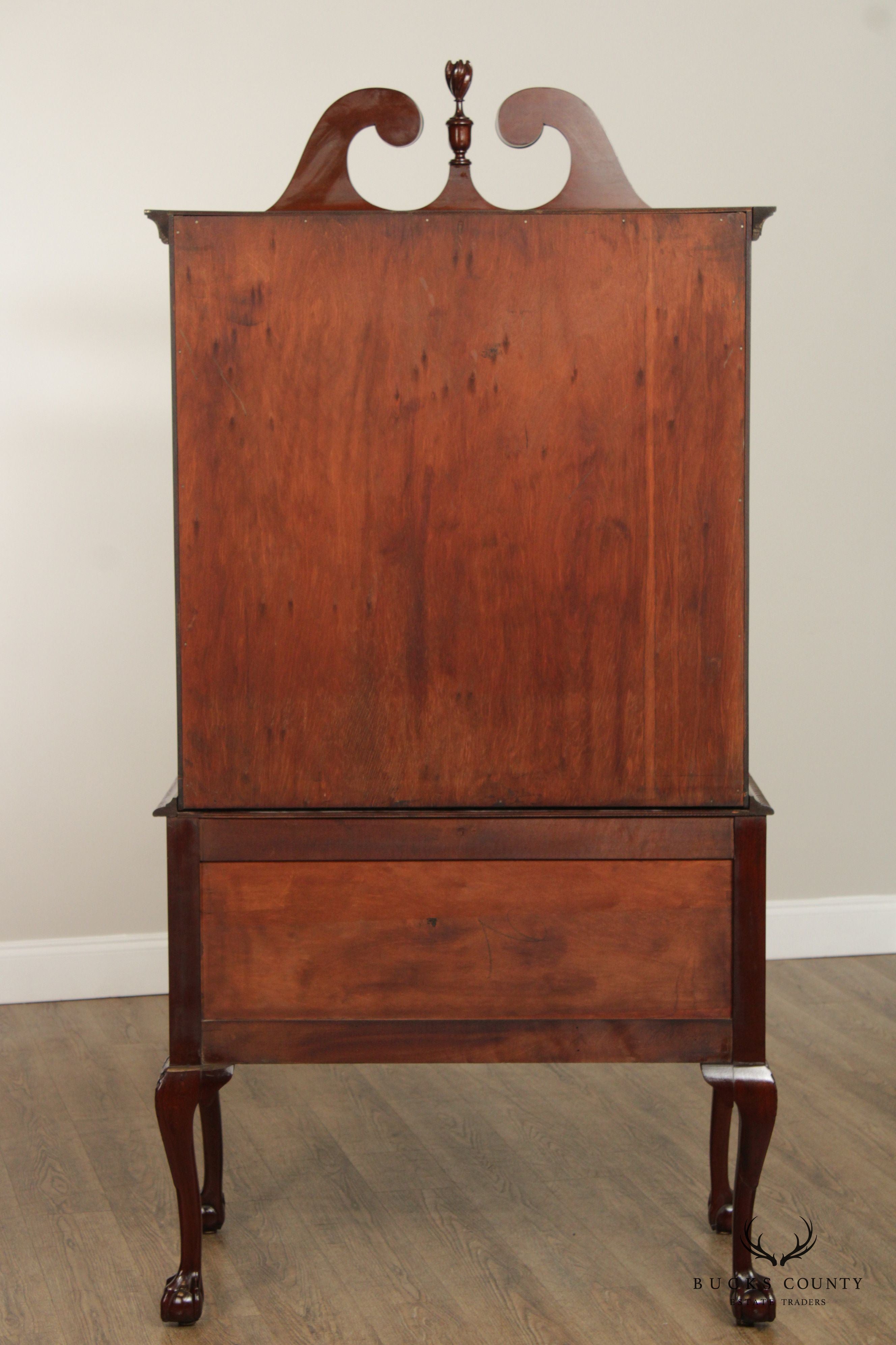 1940's Hand Crafted Chippendale Style Carved Mahogany High Boy Tall Chest