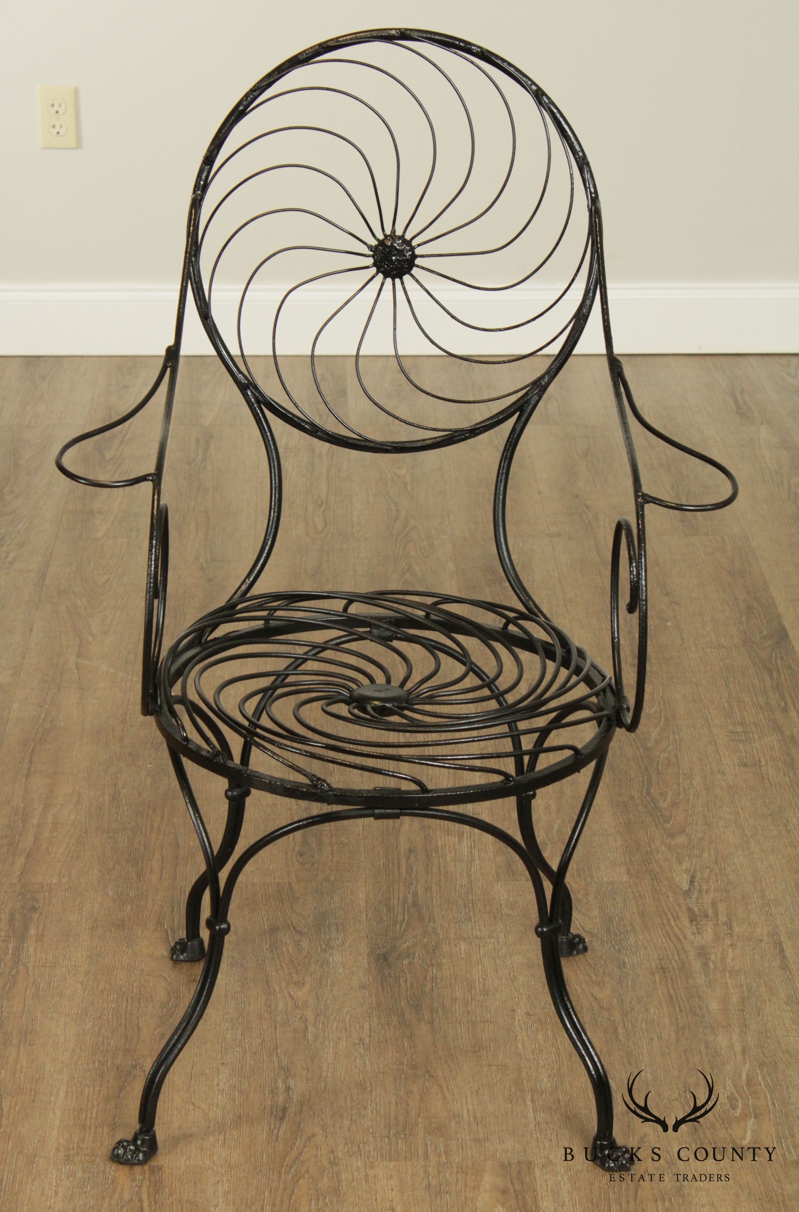 Art Deco Vintage Wrought Iron Pinwheel Spiral Back Garden Chair