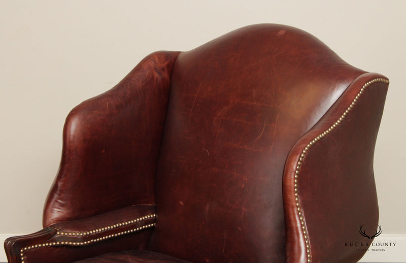 Old Hickory Georgian Style Carved Mahogany Leather Wingback Armchair