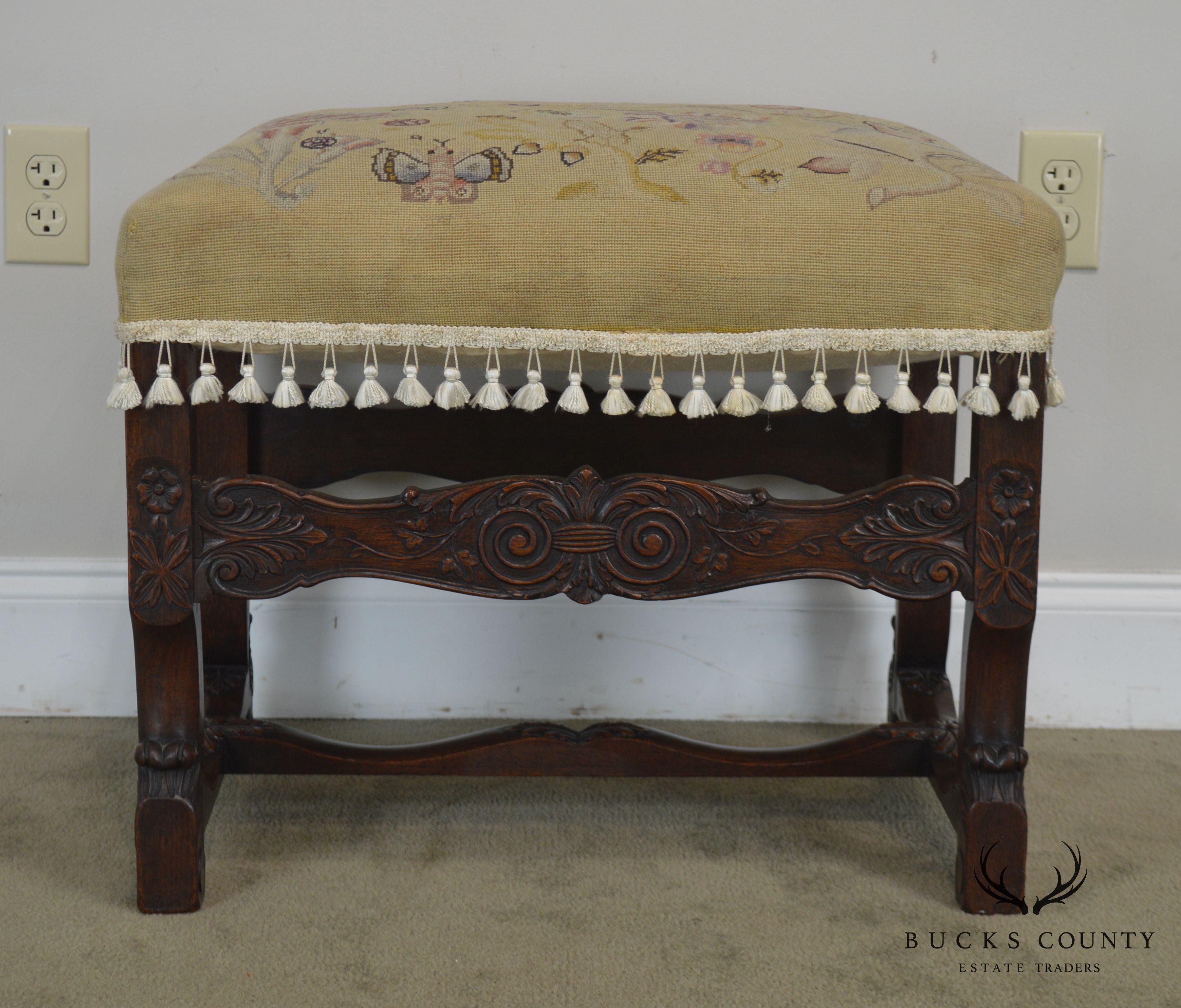 Italian Renaissance Antique Carved Needlepoint Ottoman Bench