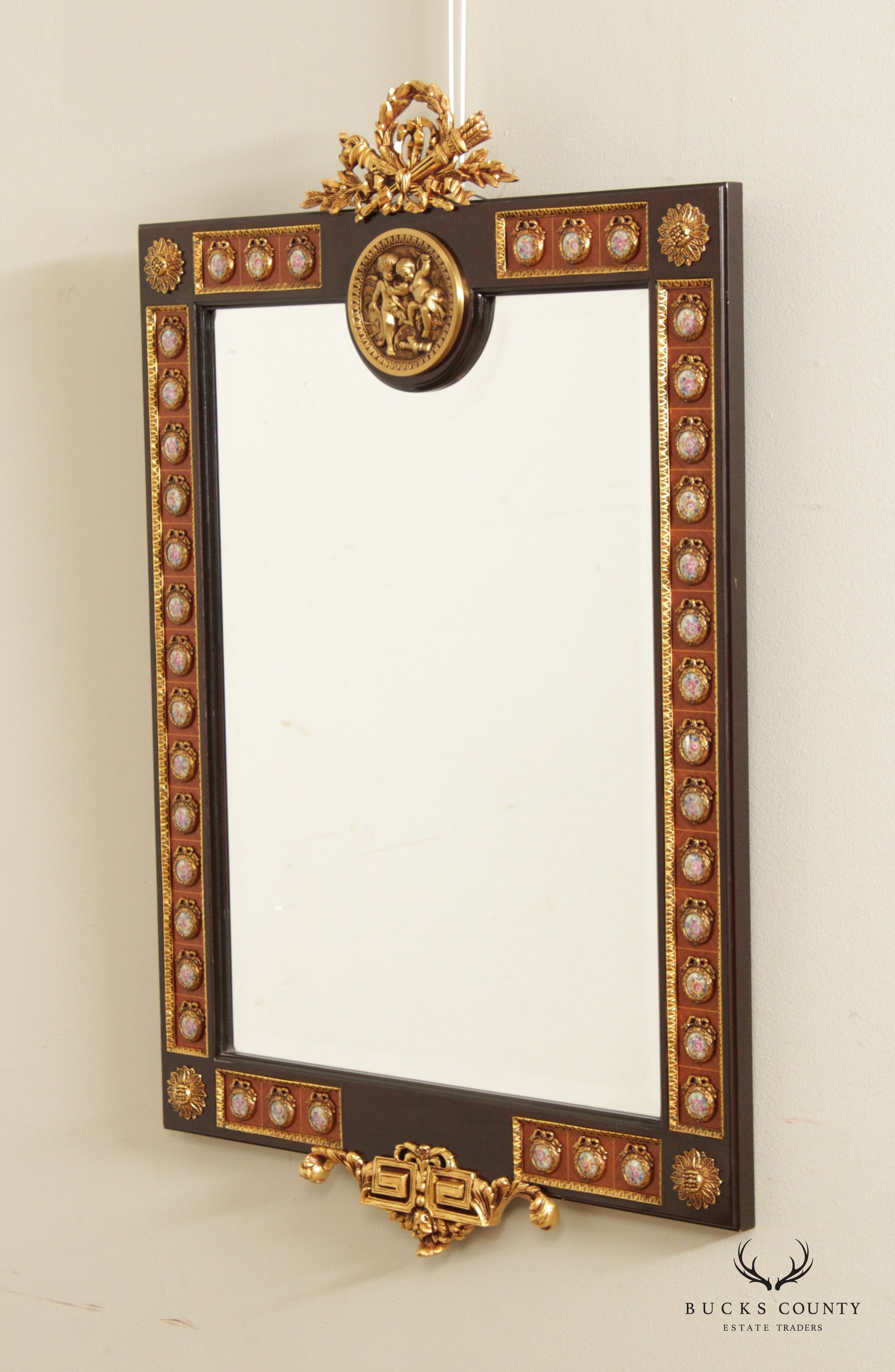 French Louis XVI Style Gilded Brass and Porcelain Mounted Wall Mirror