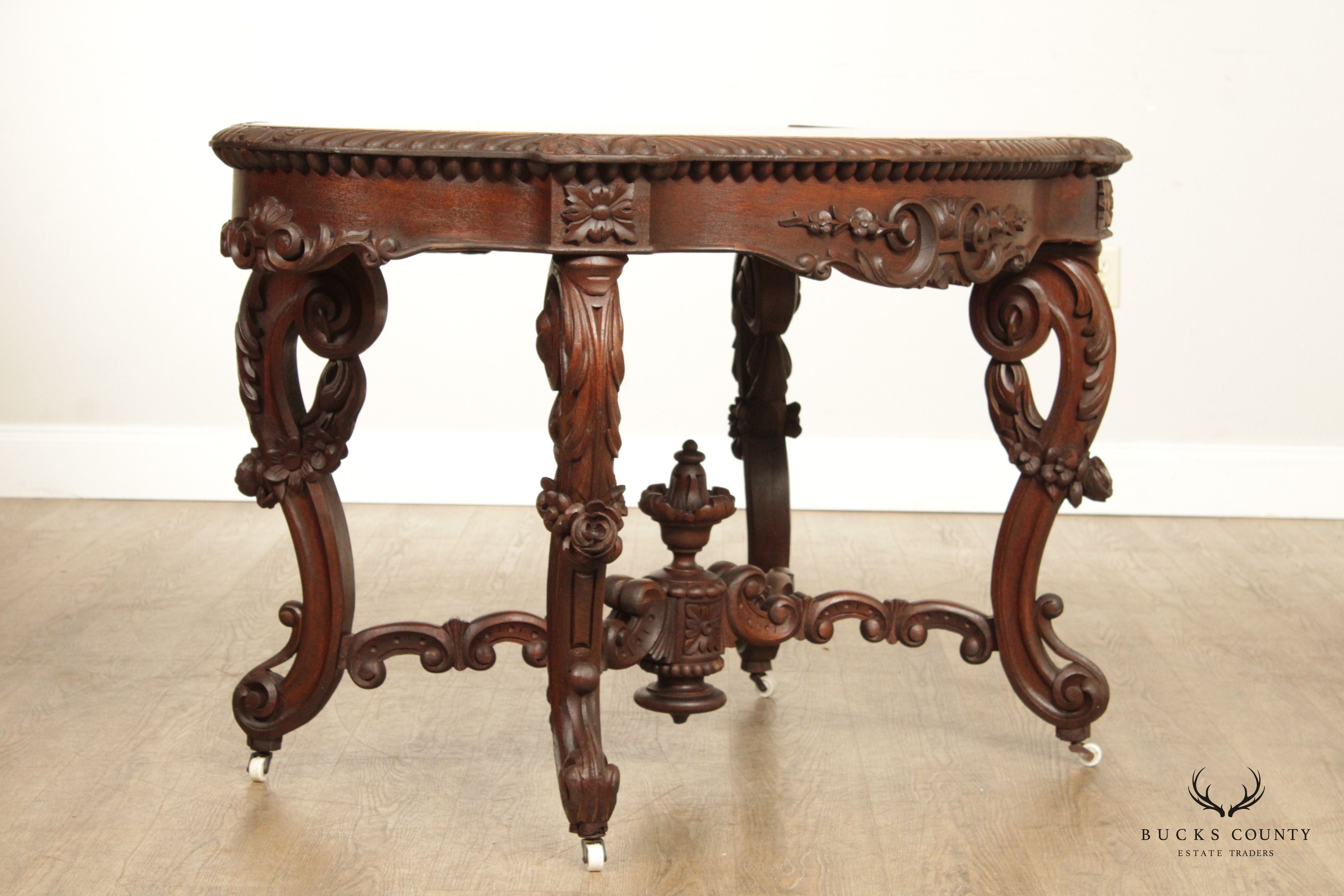 Antique Renaissance Revival Carved Mahogany Marble Turtle Top Center Table