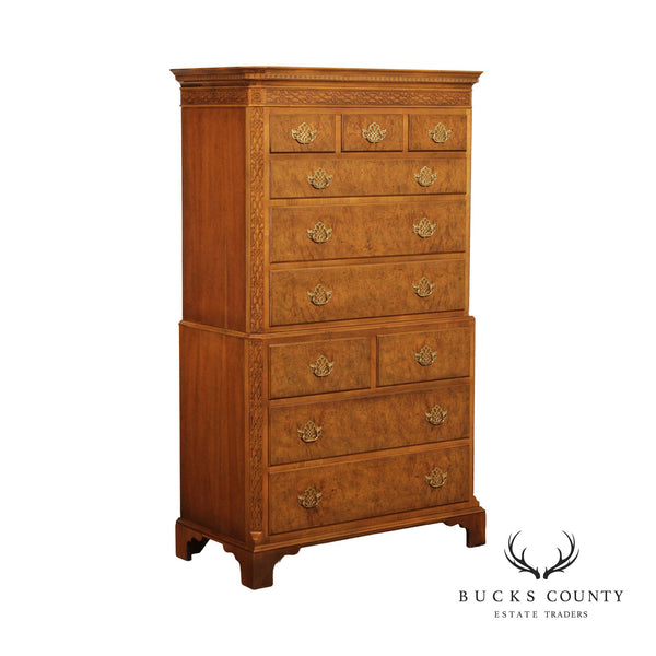 Baker Furniture Chippendale Style Burl Wood Tall Chest