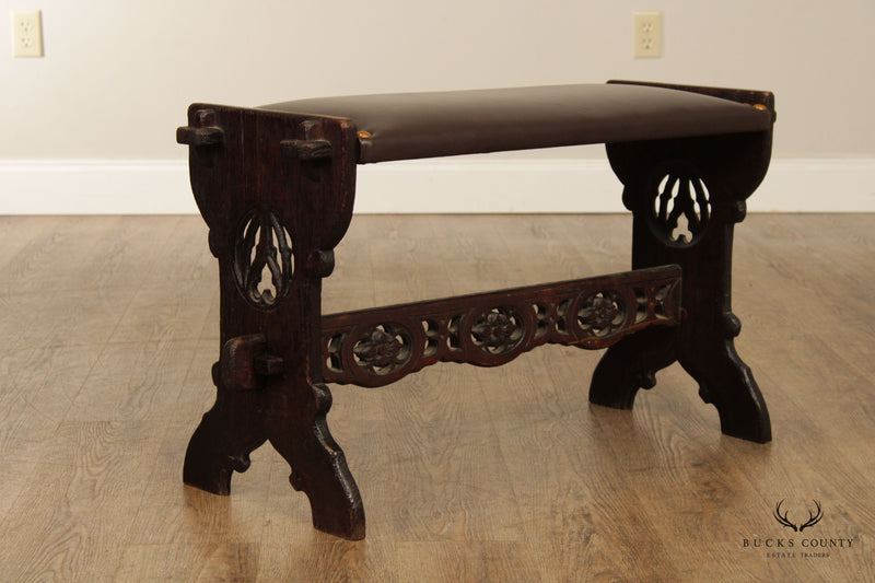 Arts And Crafts Antique Gothic Revival Carved Oak and Leather Bench