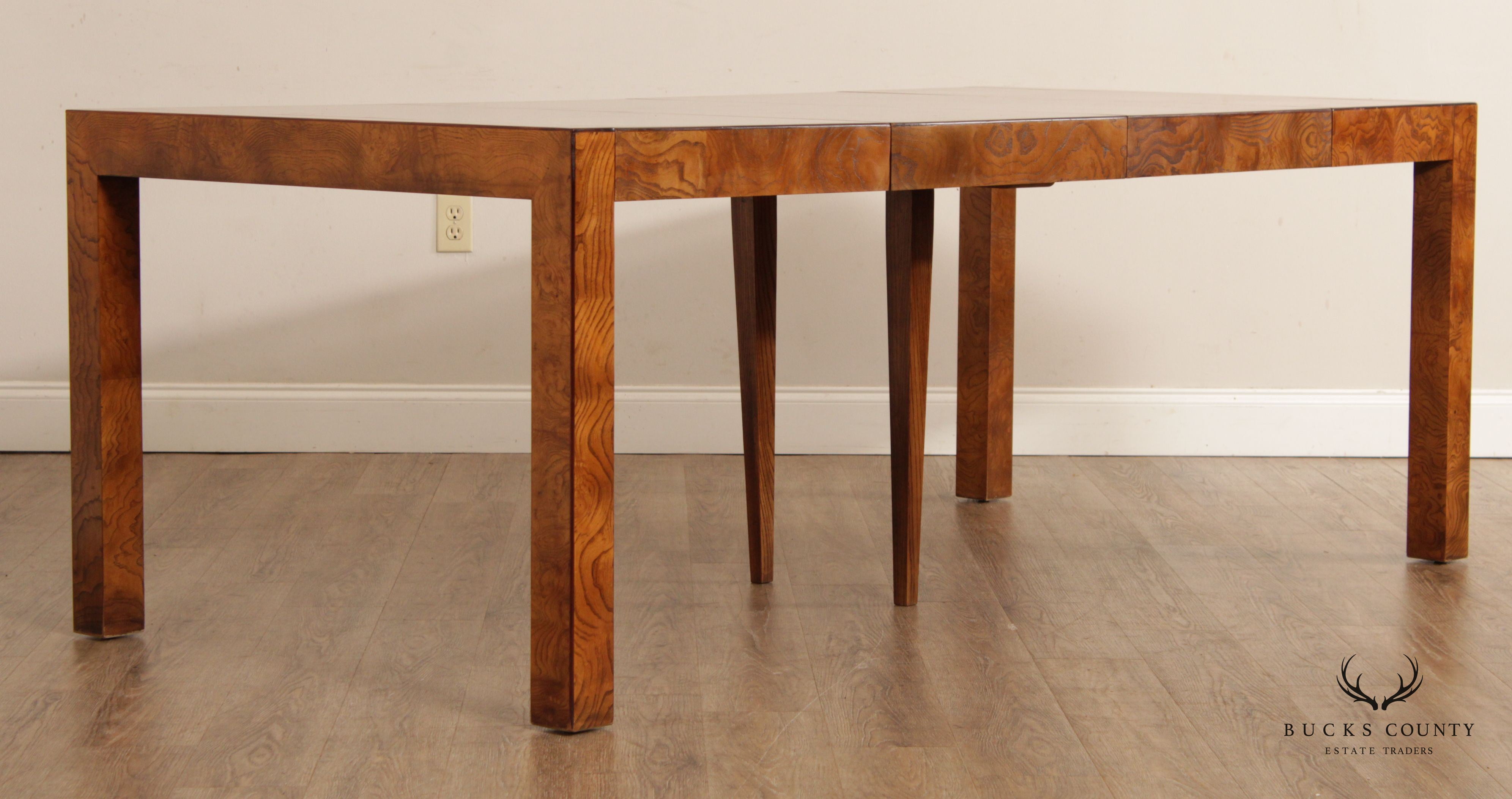 John Widdicomb Mid-Century Modern Burl Wood Expandable Parsons Dining Table (A)