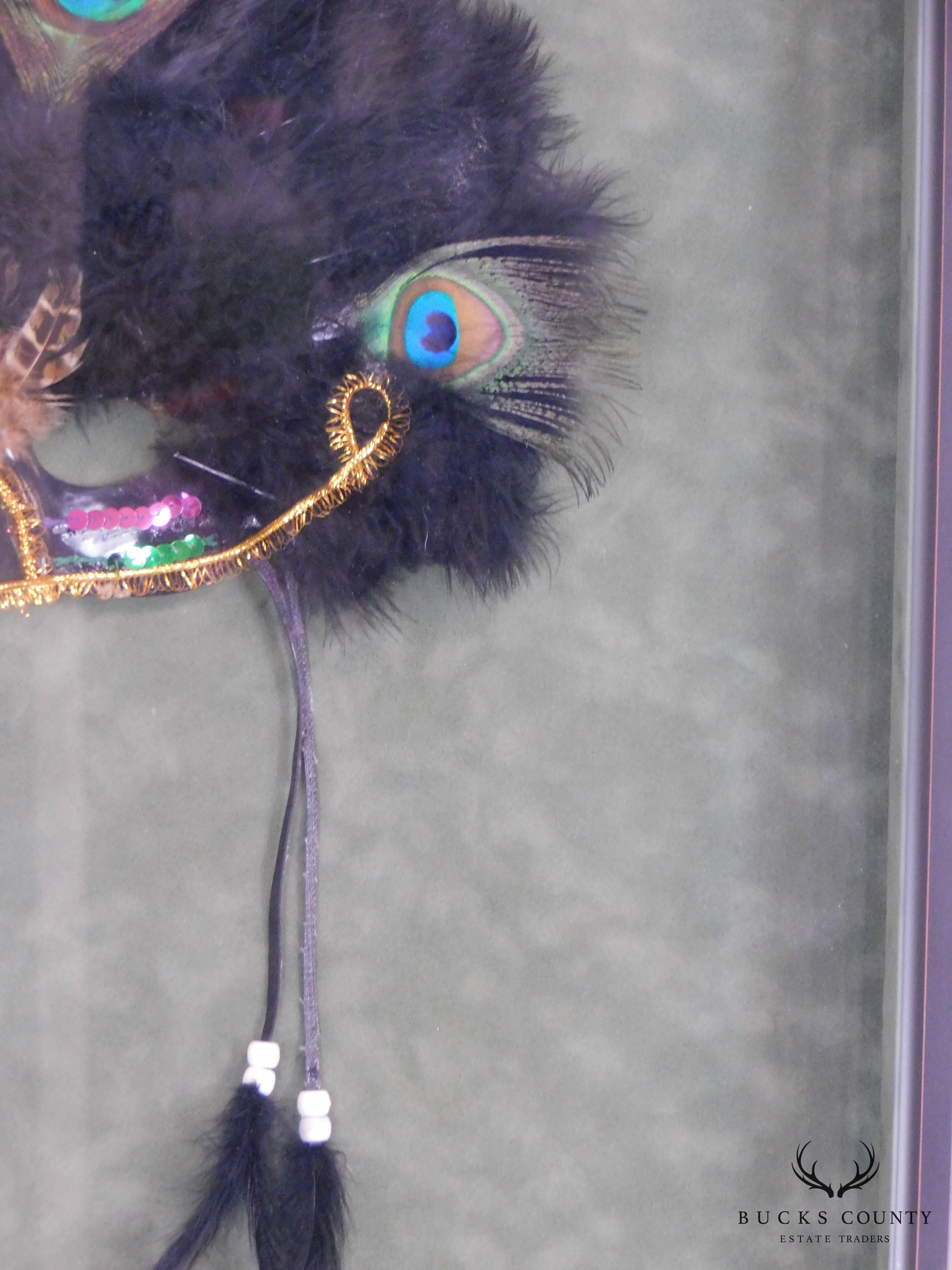 Hand Crafted Mardi Gras Mask with Peacock Feathers and Beaded Ties, Framed