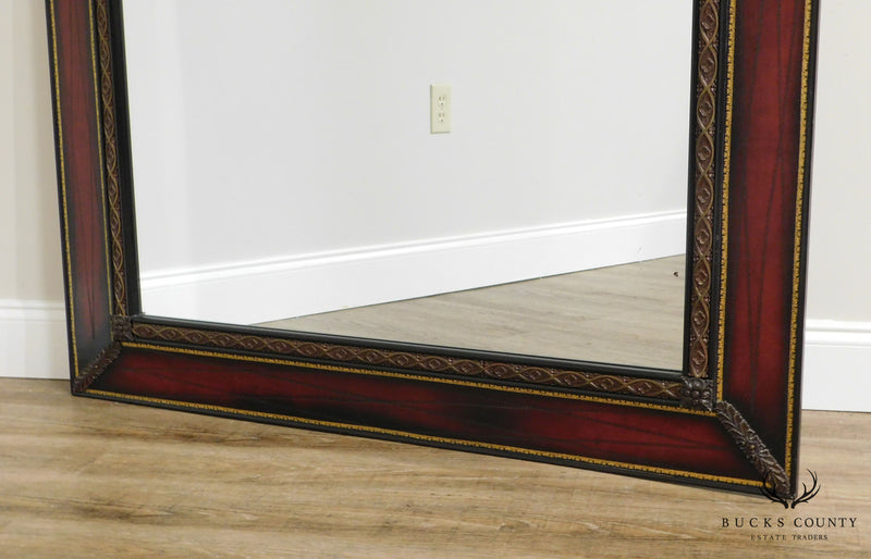Hollywood Regency Vintage 1950's Red Leather Mahogany Frame Rectangular Wall Mirror