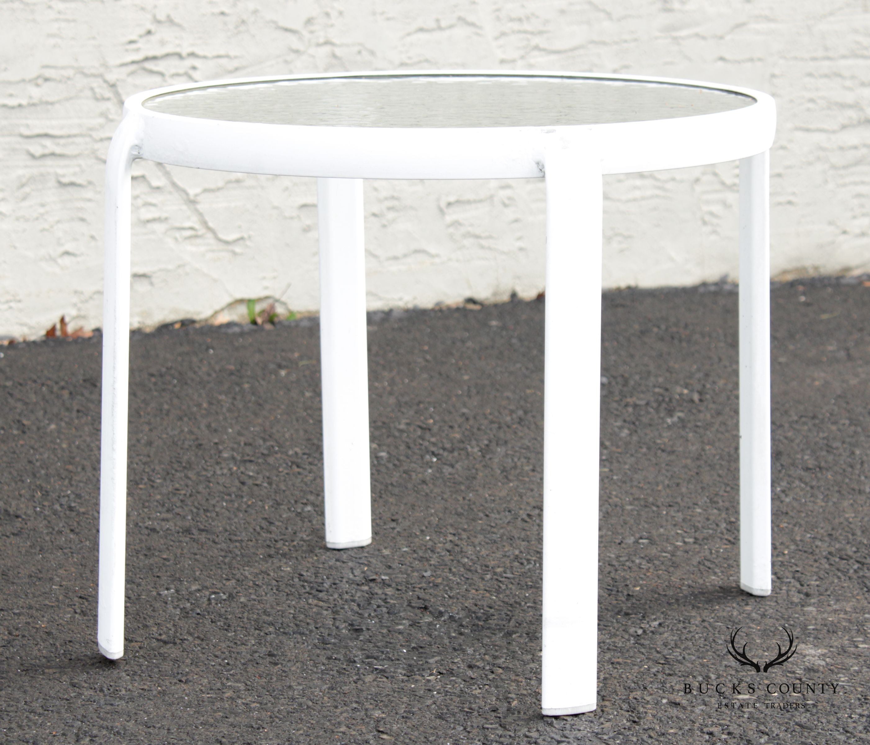 Vintage Aluminum and Glass Round Outdoor Patio End Table (A)