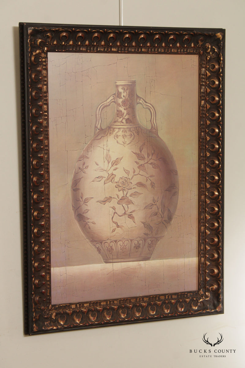 Vintage Pair of Antiqued Urn Vase Art Prints, Custom Framed