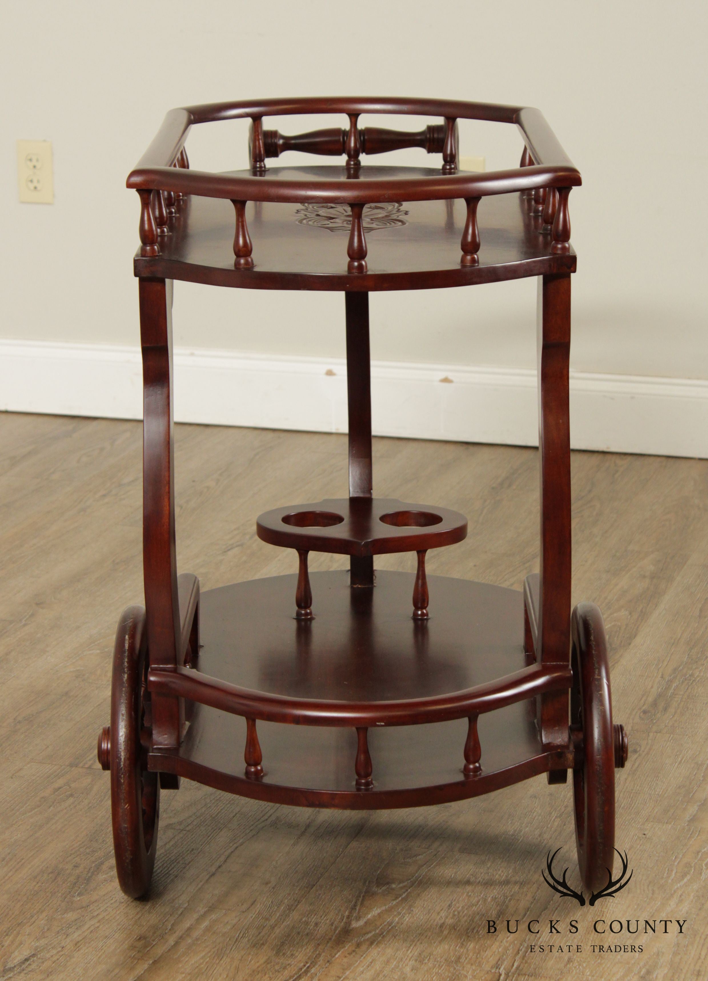 Vintage Solid Mahogany Wood Carved Tea Cart