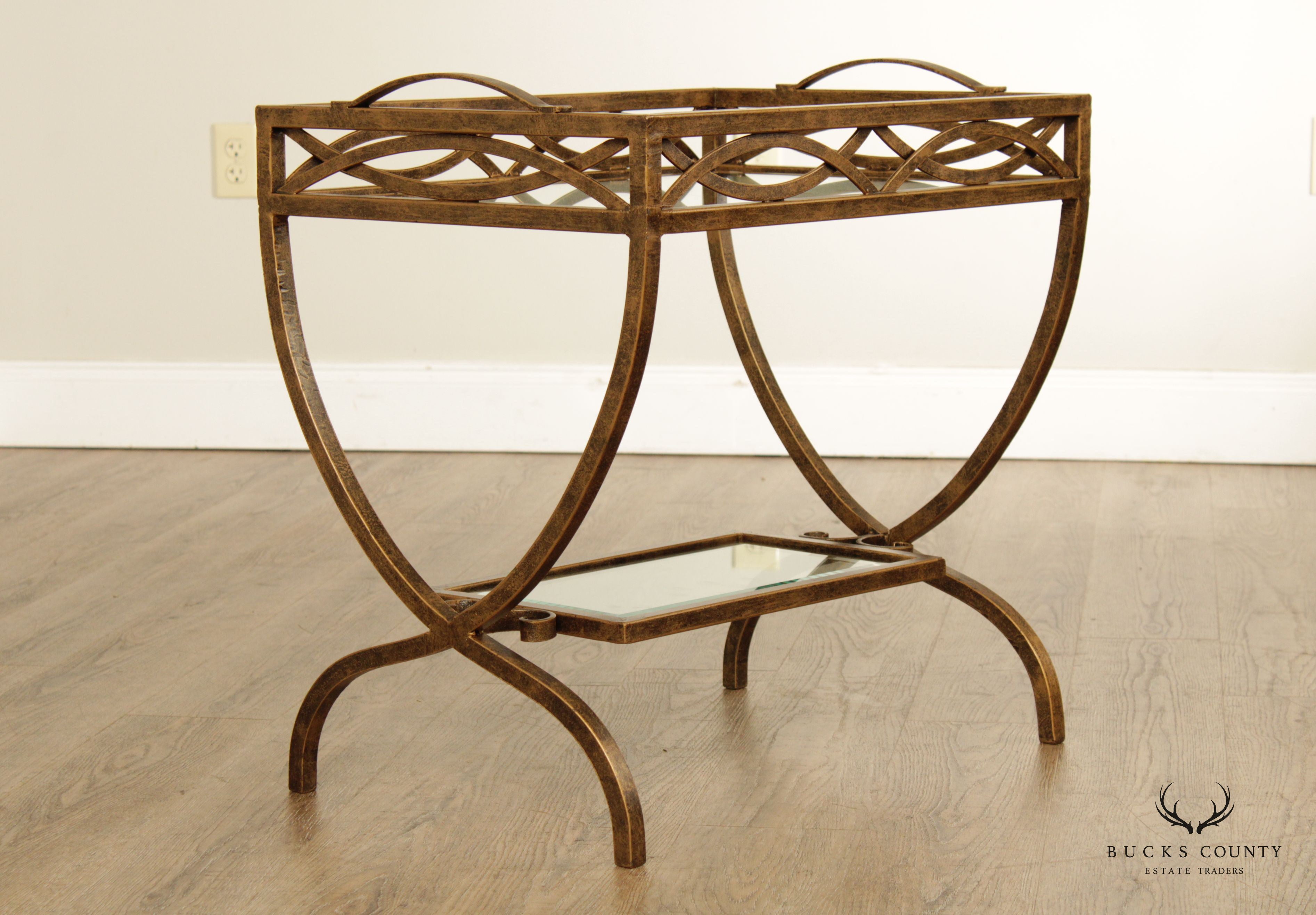 Hollywood Regency Style Wrought Iron and Glass Two Tier Side Table