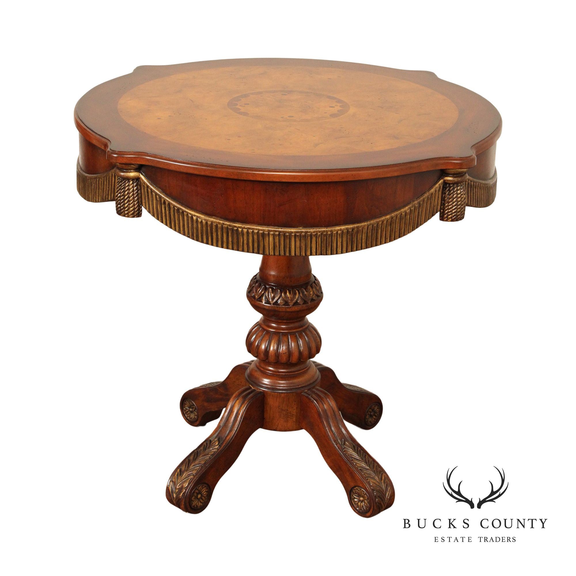 Regency Style Cherry and Burlwood Pedestal Center or Side Table