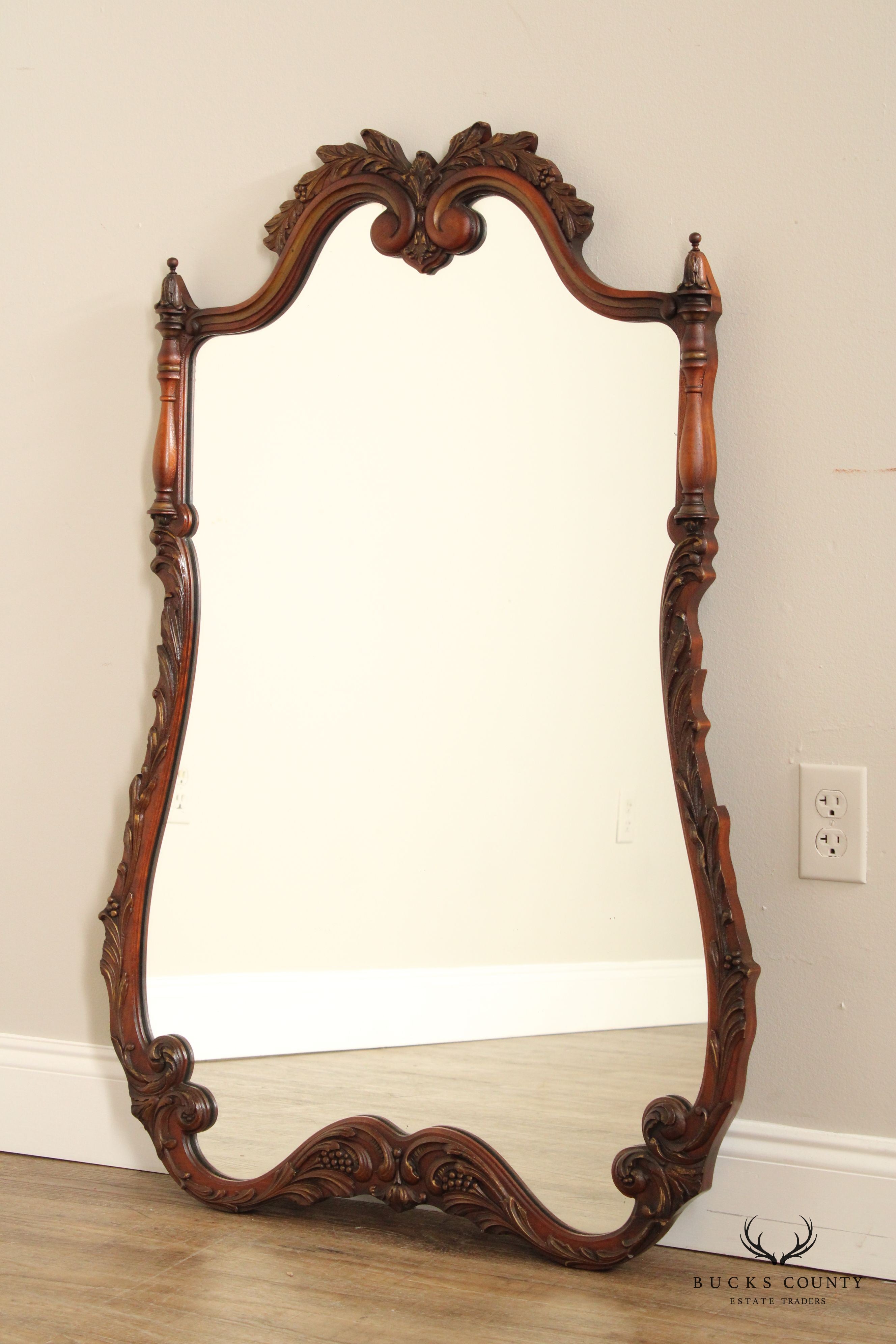 FRENCH LOUIS XV STYLE VINTAGE CARVED MAHOGANY FRAME WALL MIRROR