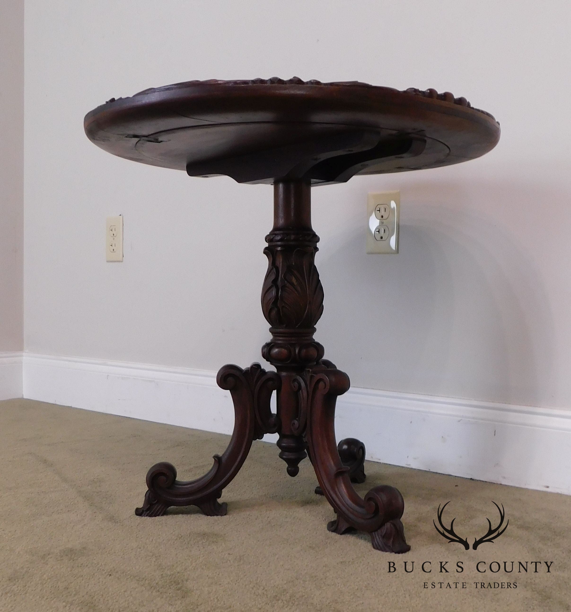 Renaissance Revival Antique Hand Carved Solid Walnut Round Table with Beeded Needlework