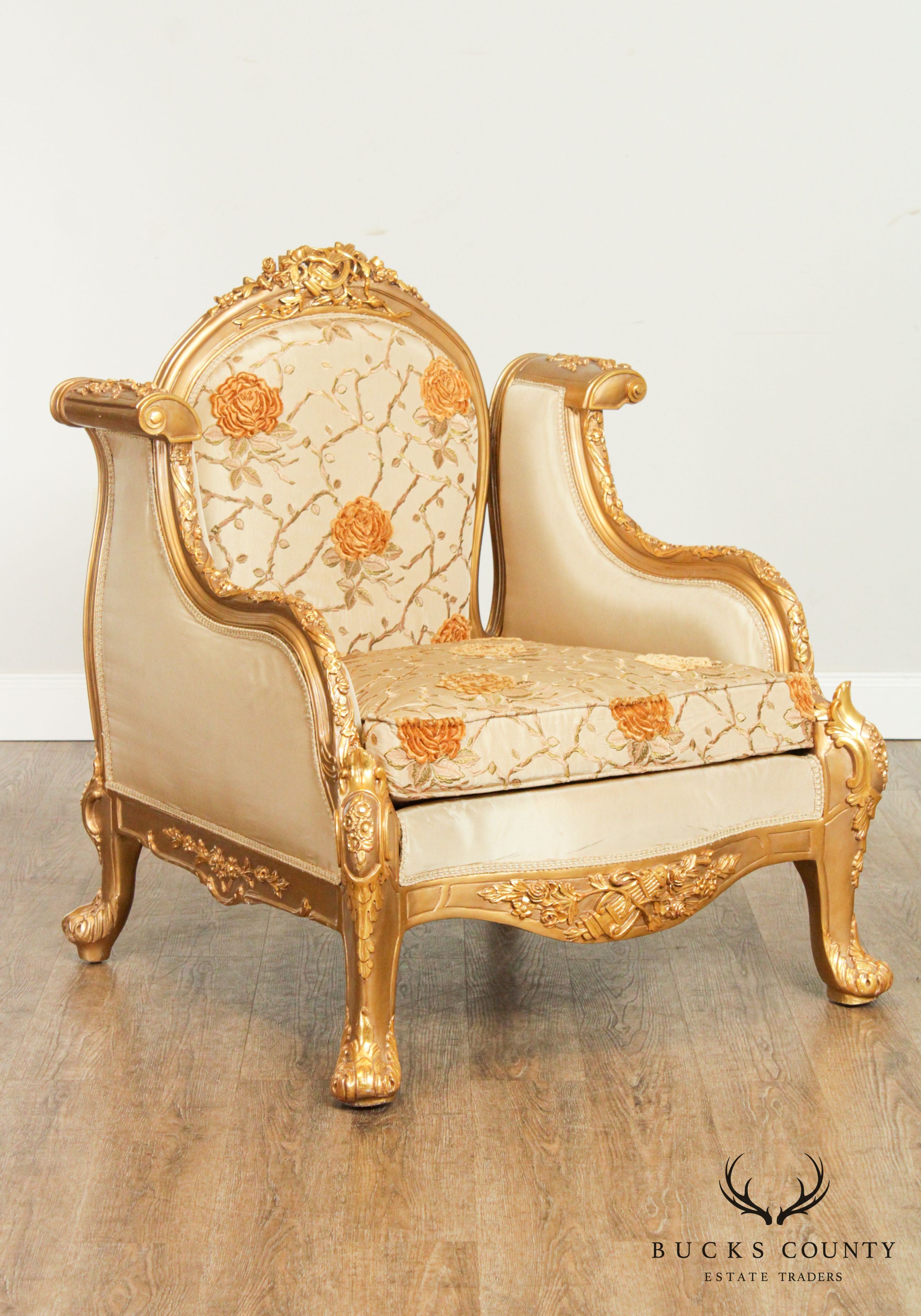 Quality Pair Giltwood Baroque Style Armchairs, Bergeres