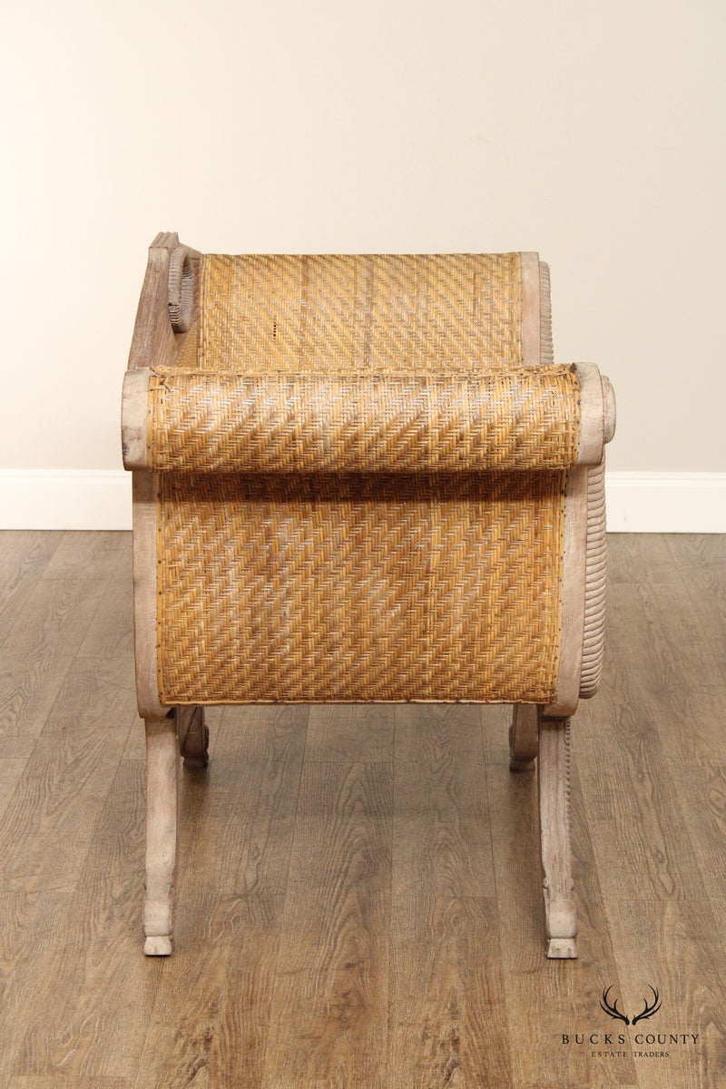 British Colonial Style Teak and Wicker Settee