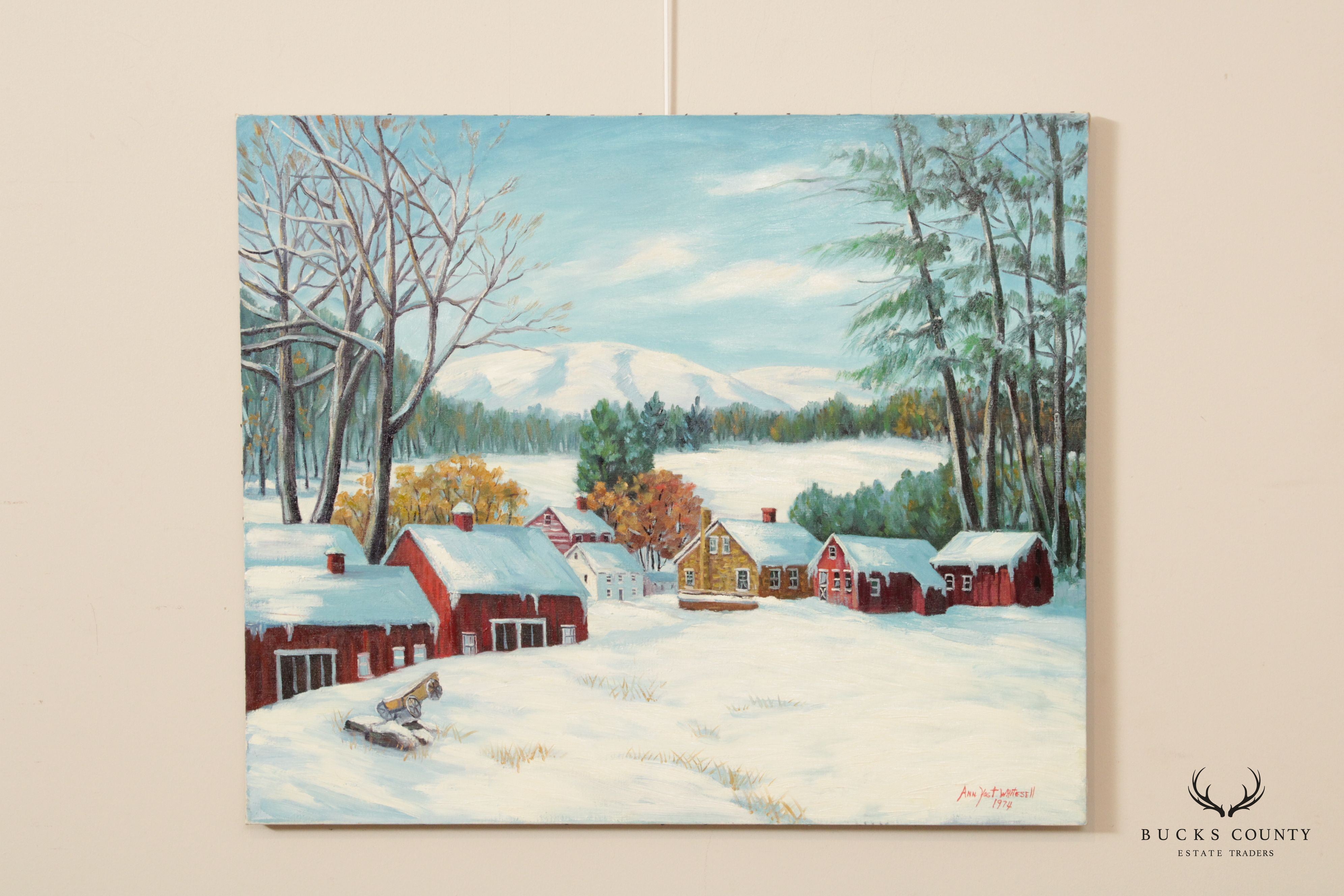 Ann Yost Whitesell 'The Red Barns' Winter Landscape Original Oil Painting