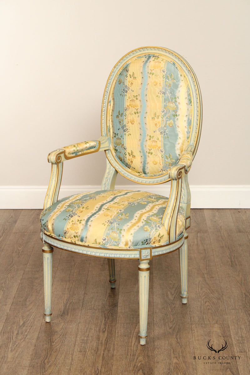 FRENCH LOUIS XVI STYLE SET OF EIGHT PAINTED FRAME UPHOLSTERED DINING CHAIRS