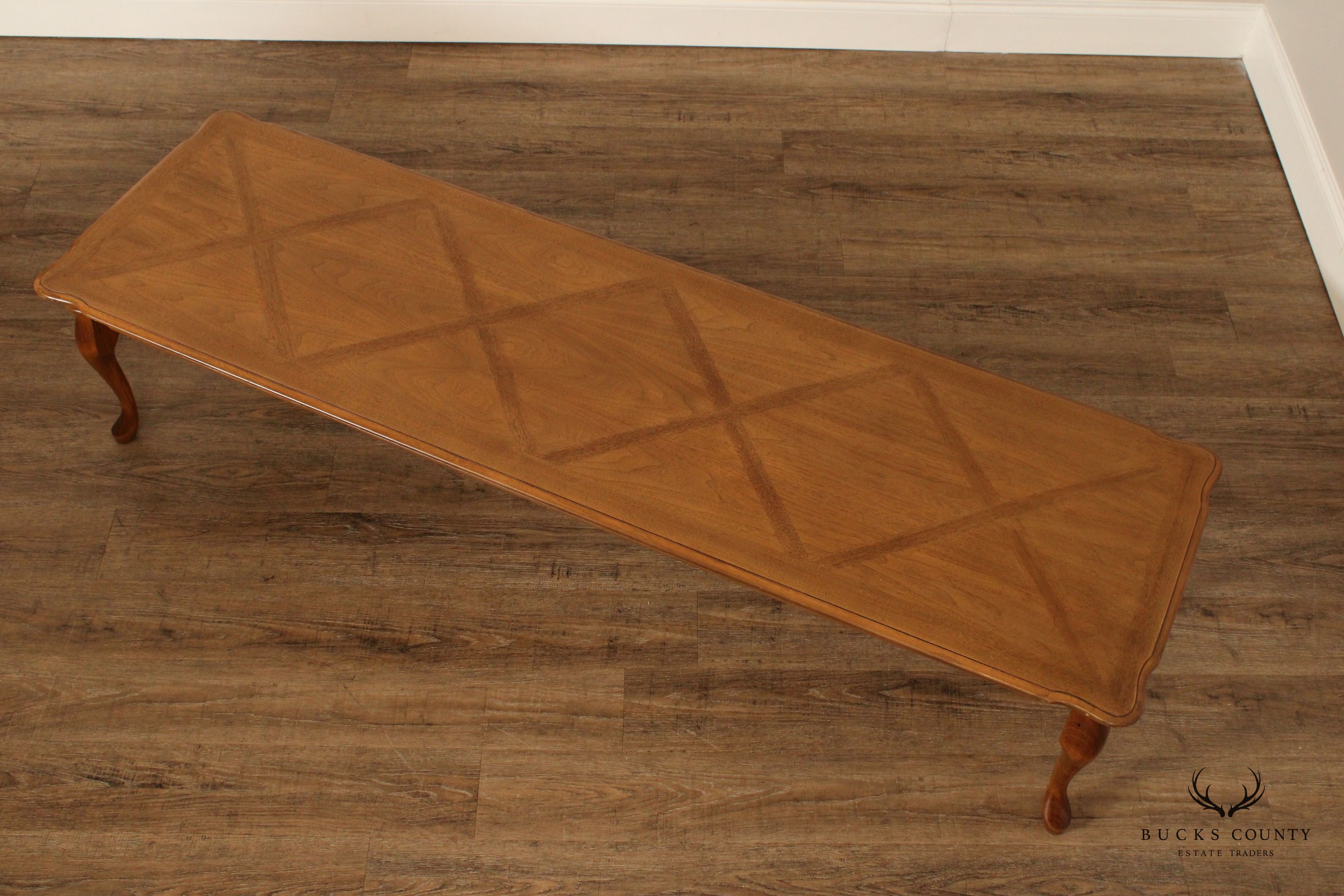 French Provincial Style Vintage Parquetry Top Walnut Long Coffee Table