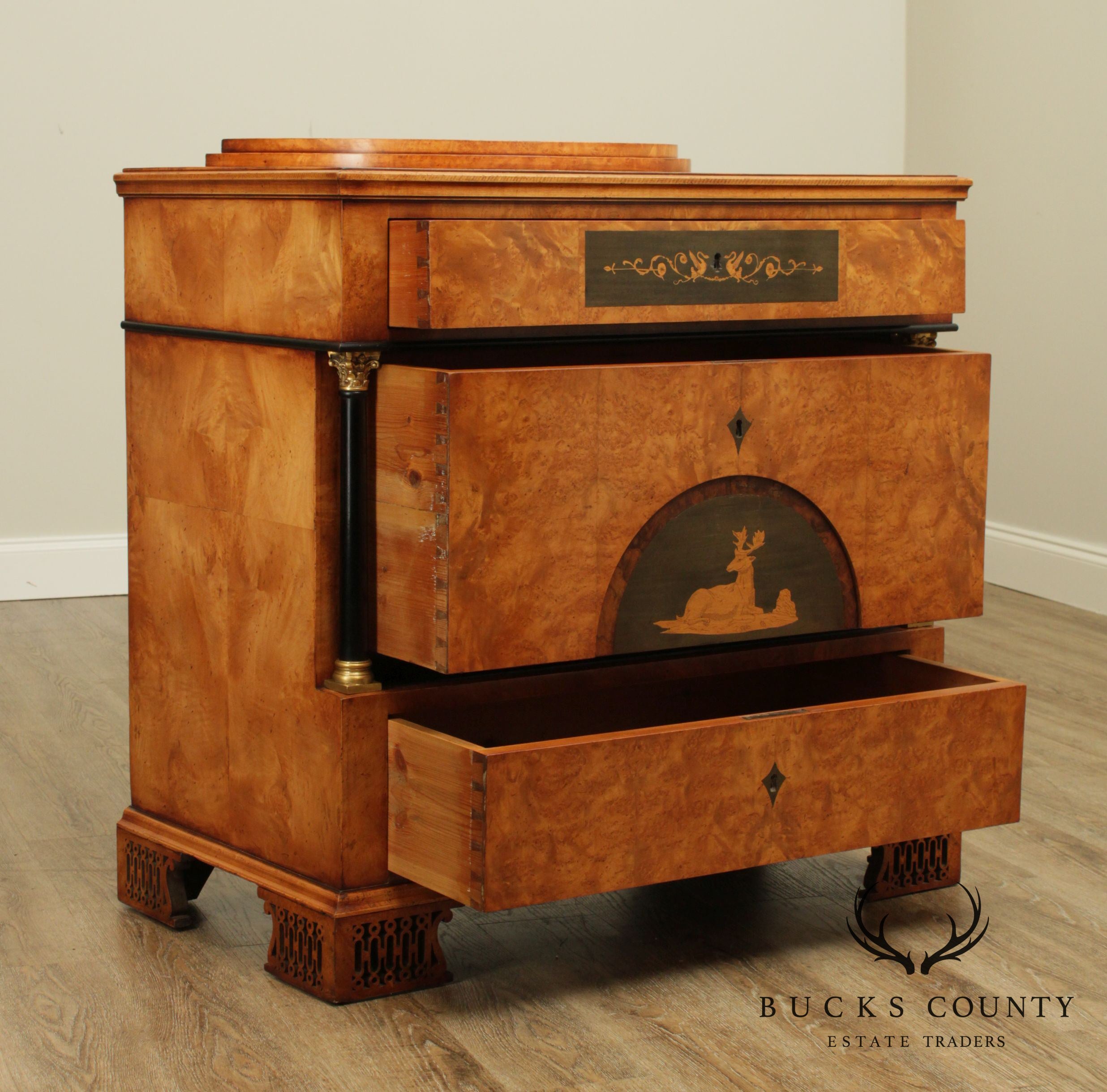 Antique 19th Century Biedermeier Burl Wood Inlaid Chest of Drawers