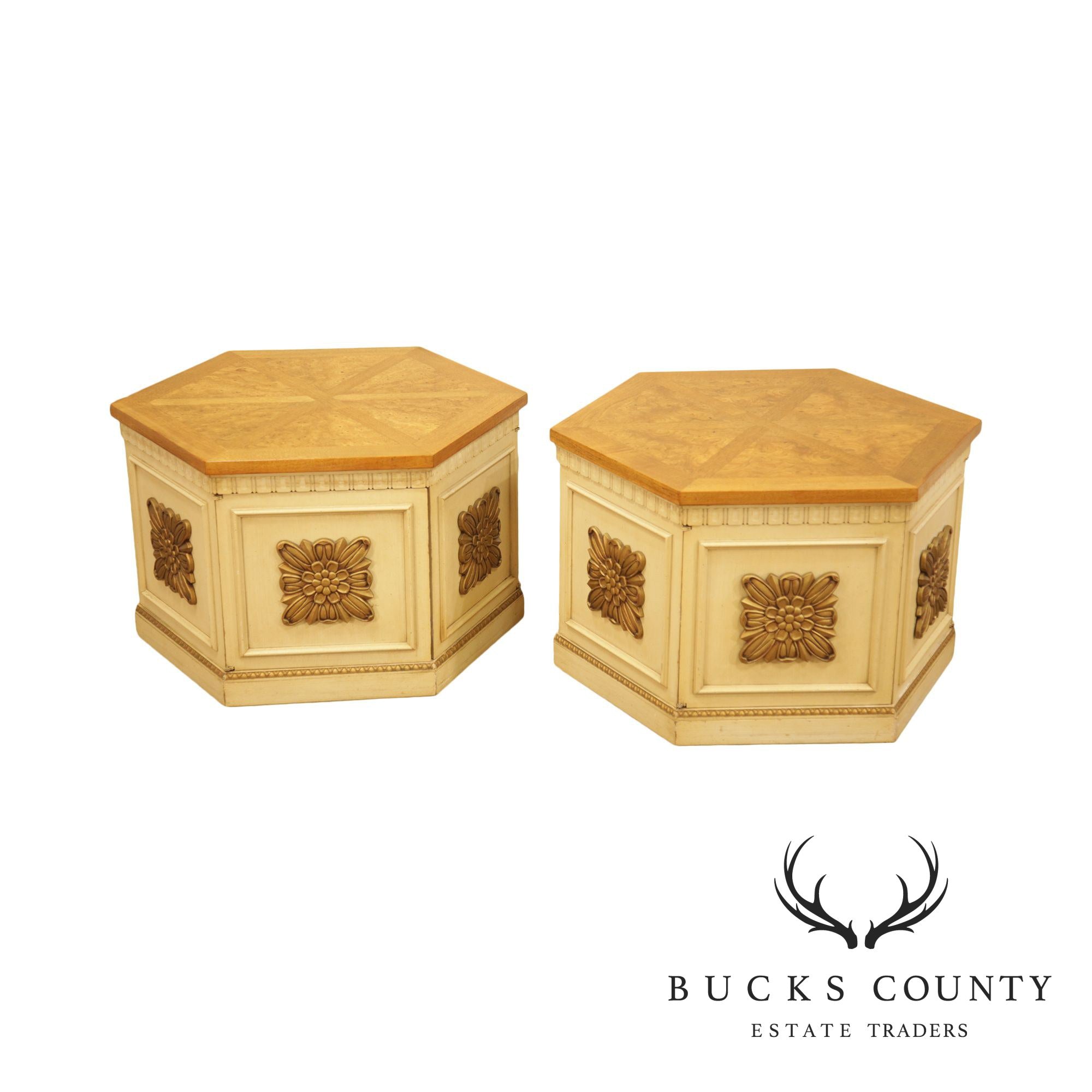 Florentine Style Vintage Pair Burl Wood, Partial Gilt & Painted Storage End Tables by Lane