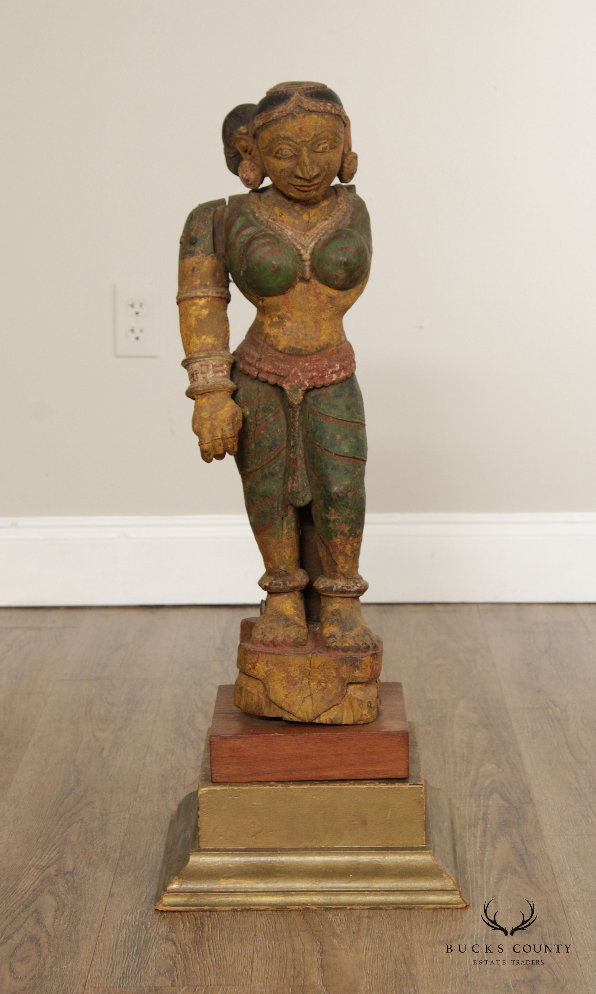 Antique Indian Polychrome Wooden Goddess Sculpture