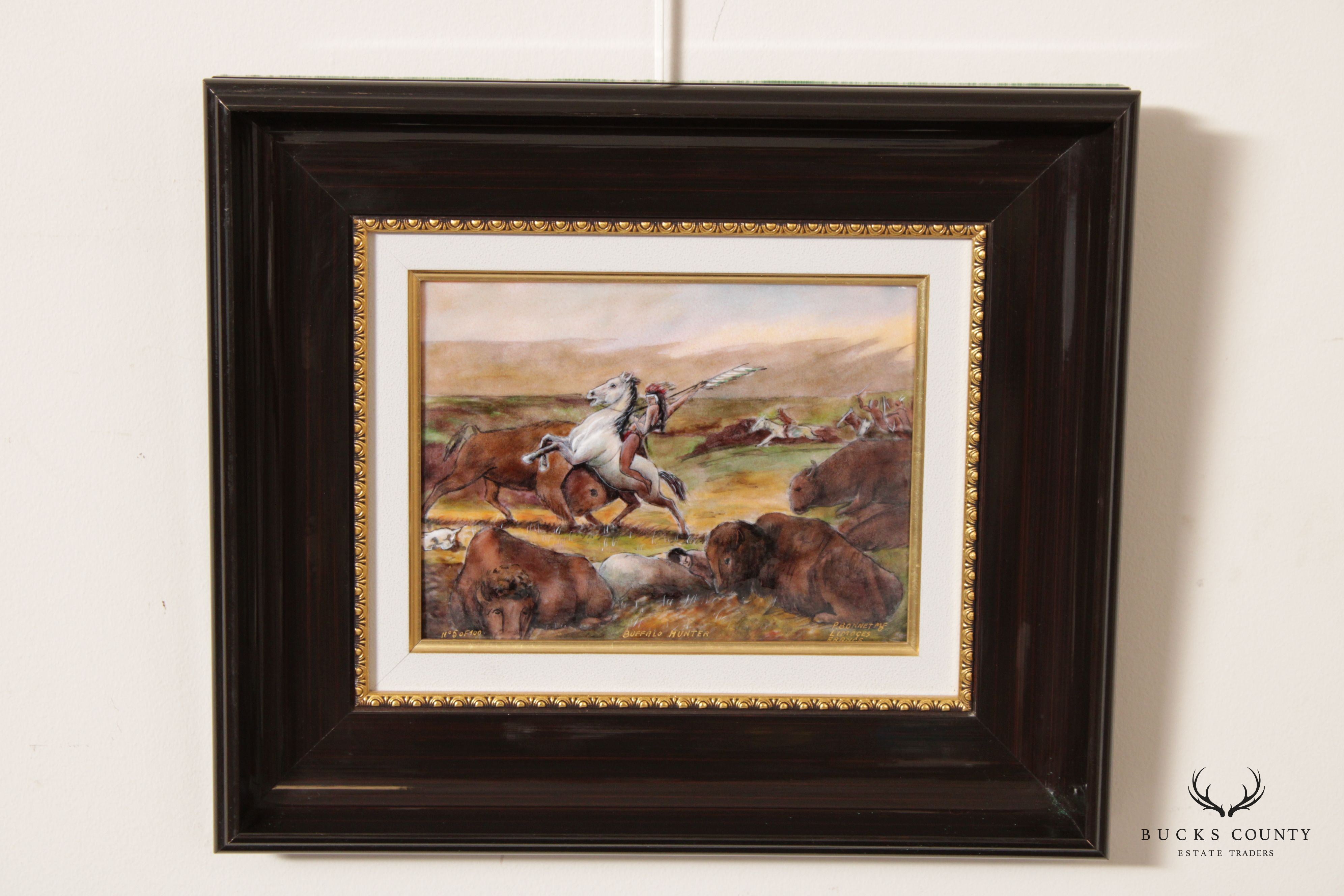 Pierre Bonnet 'Buffalo Hunter' Limoges France Enamel Wall Plaque