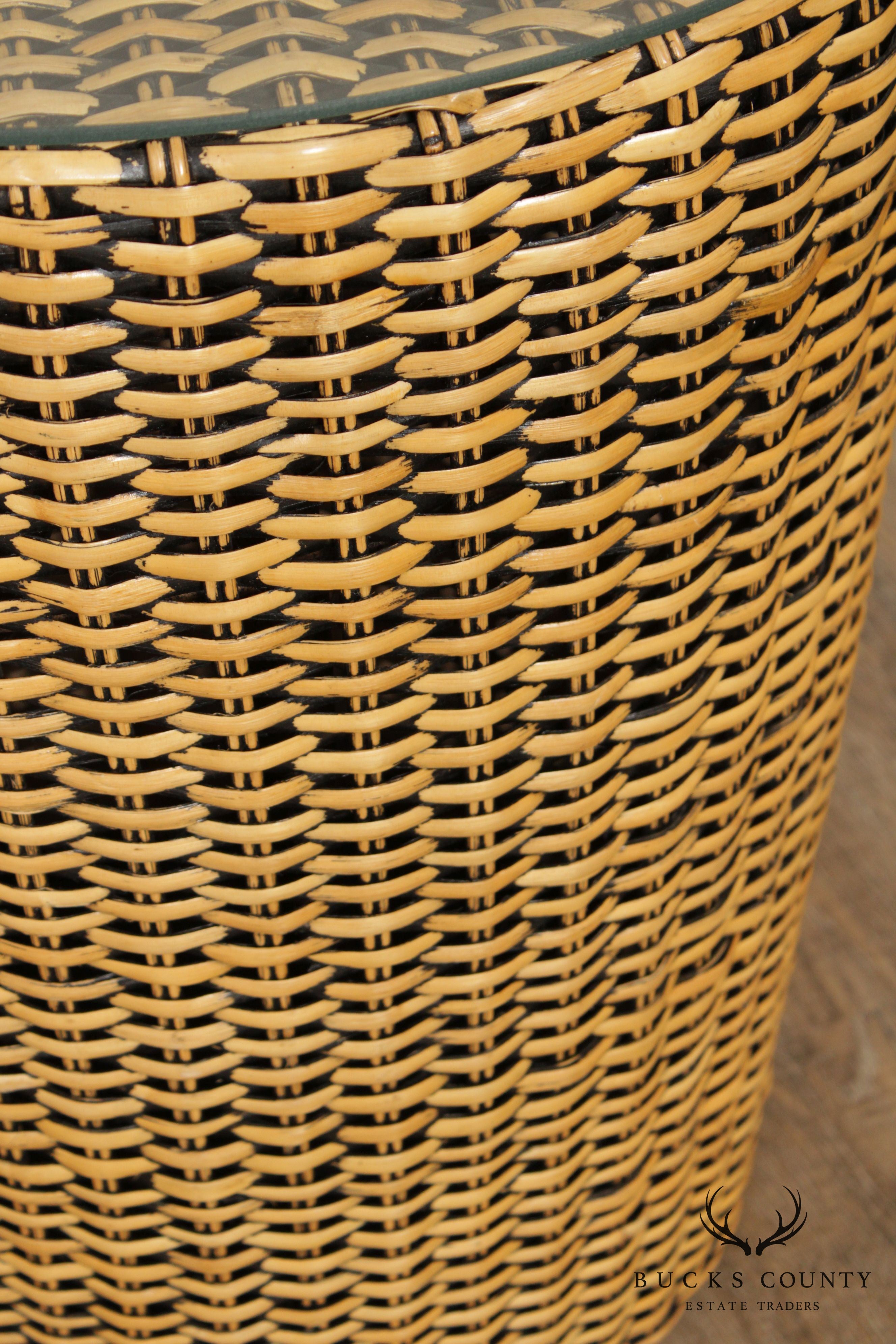 Vintage Woven Wicker Rattan Glass Top Round Side Table