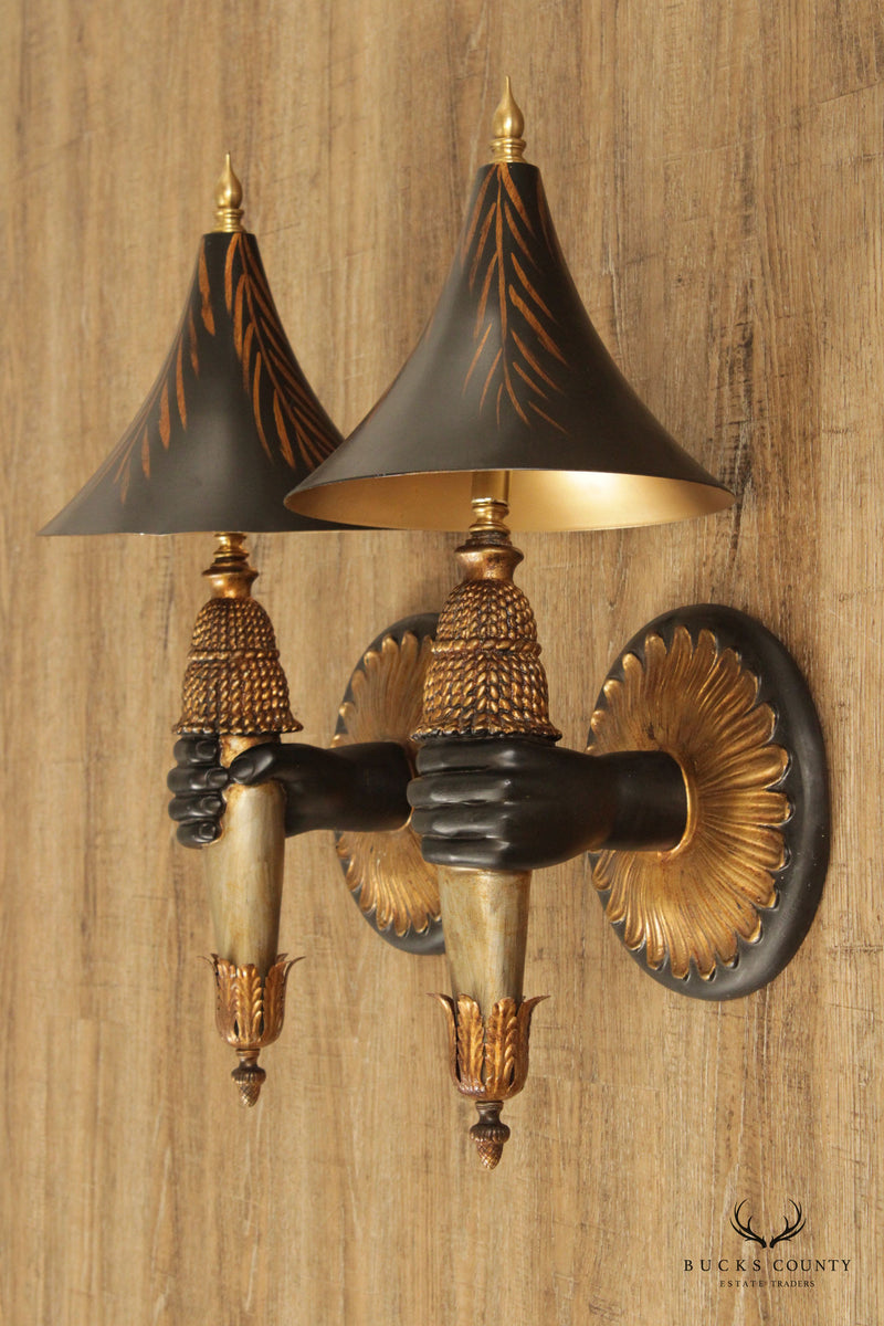 Vintage Pair of Parcel Gilt Figural Wall Sconces