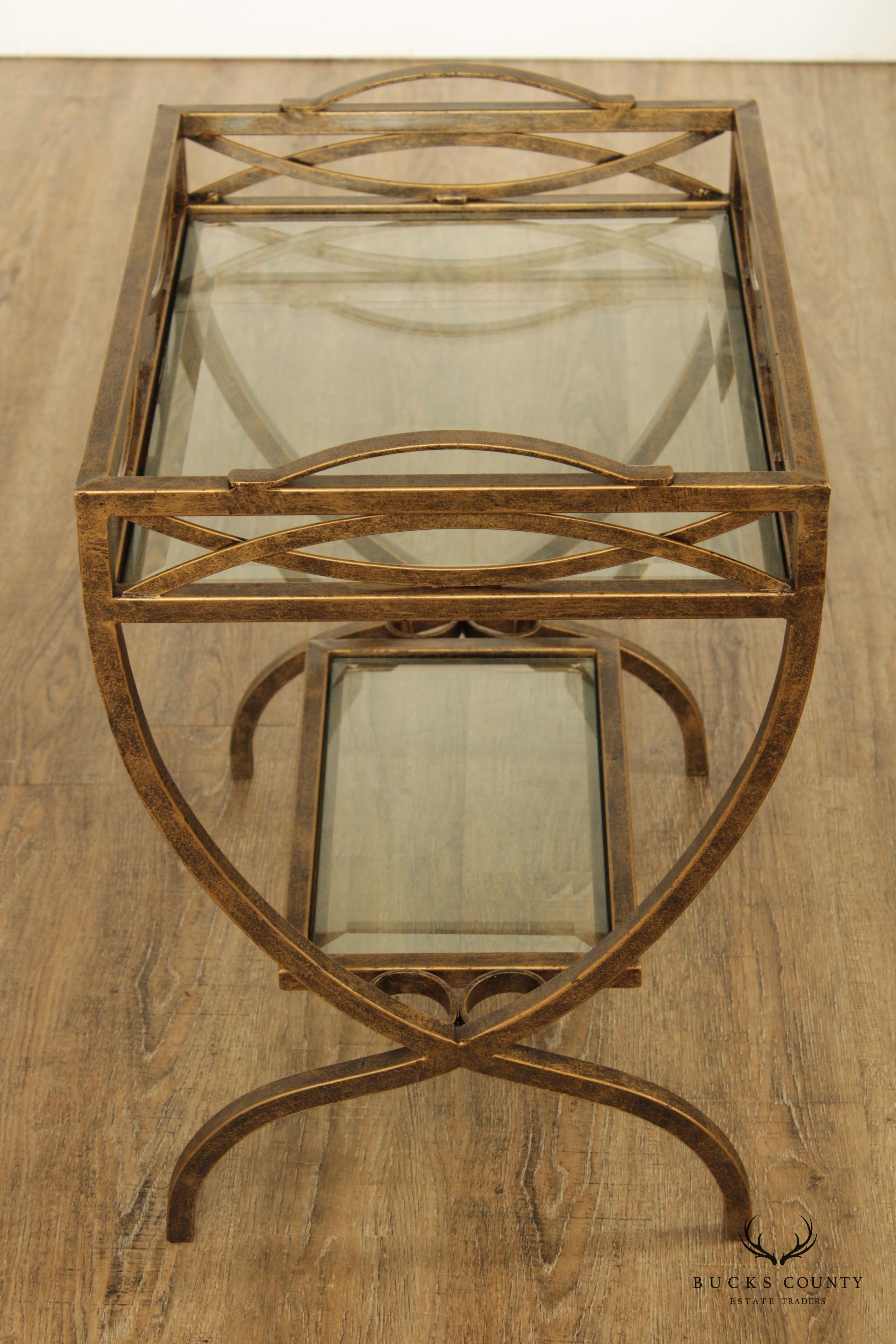 Hollywood Regency Style Wrought Iron and Glass Two Tier Side Table