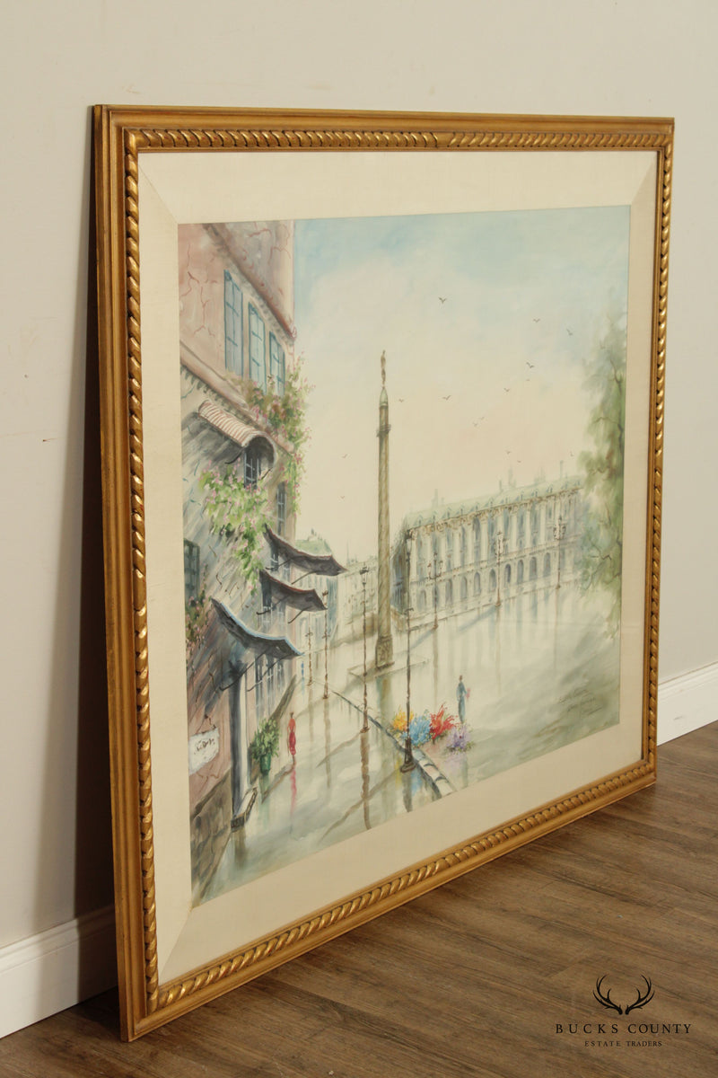 French 20th C. 'Place Vendome Paris' Large Watercolor Painting, by Eugenie Christie