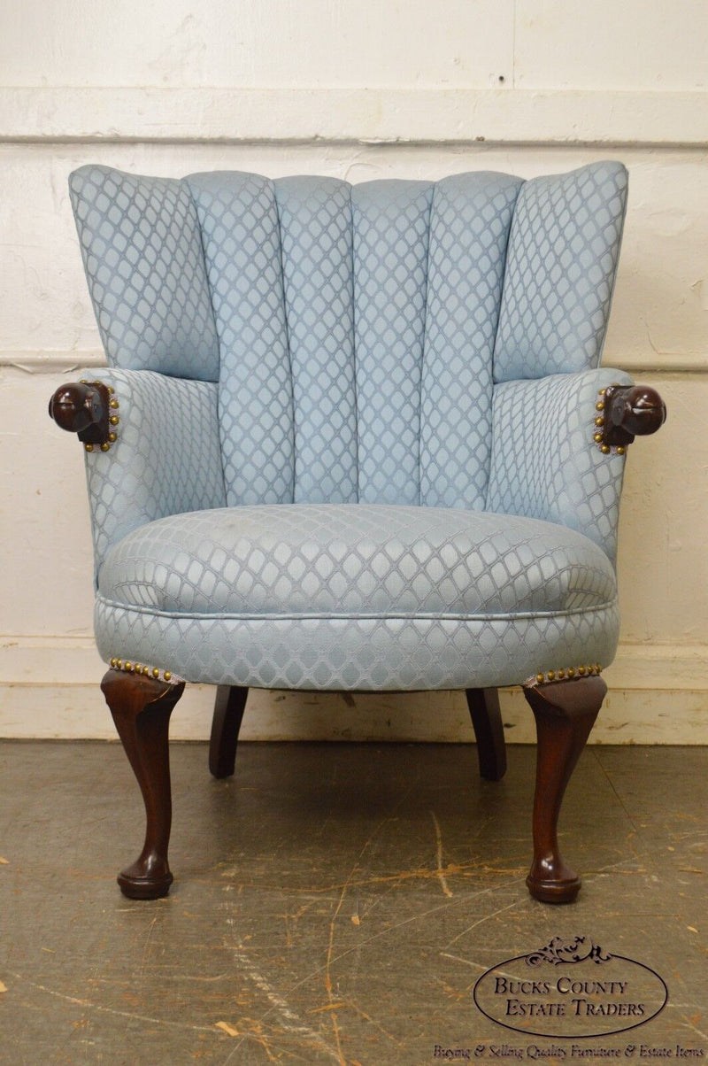 Custom Solid Mahogany Frame Blue Fan Back Wing Chair