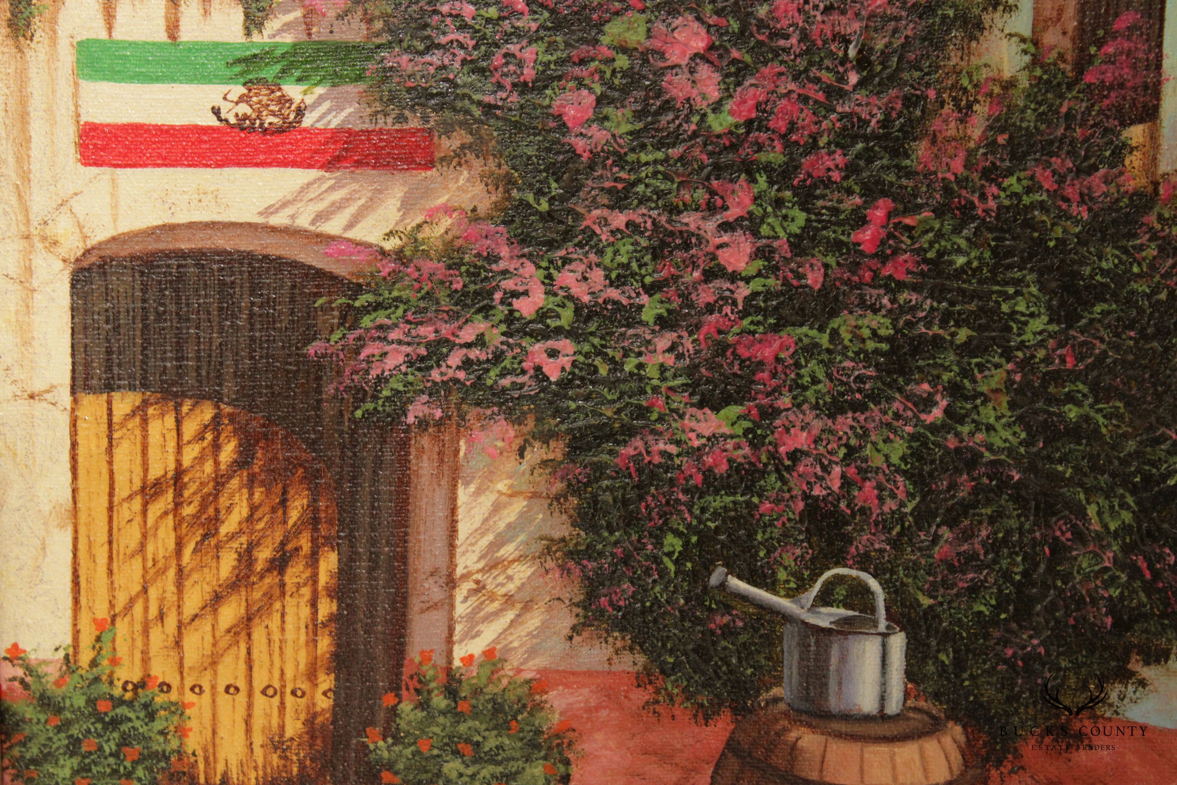 Francisco Hurtado Esquivel 1980s Mexican Courtyard Original Painting