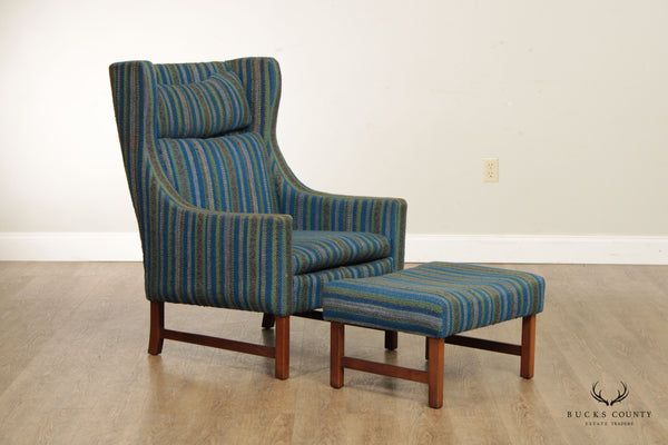 Mid Century Modern Custom Upholstered Winged Lounge Chair and Ottoman
