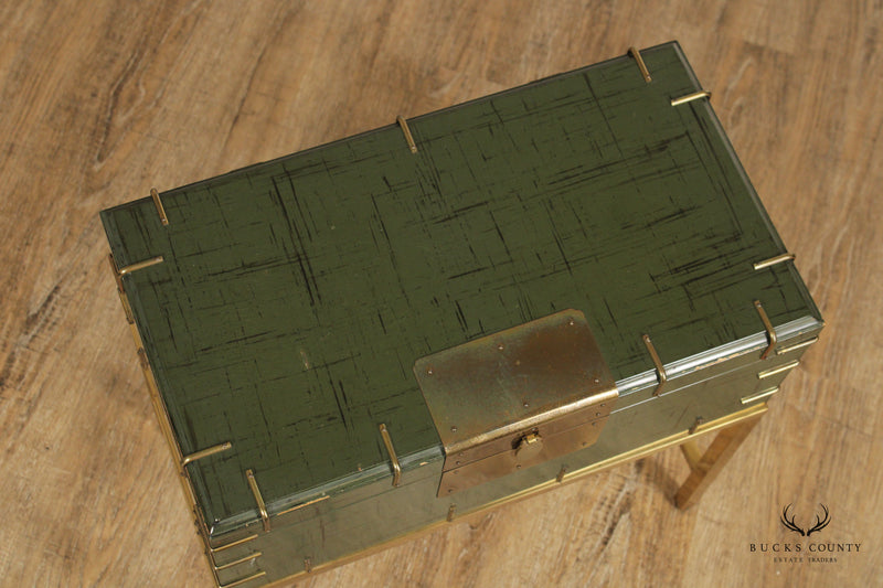 VINTAGE CAMPAIGN STYLE GREEN LACQUERED CHEST ON BRASS BASE