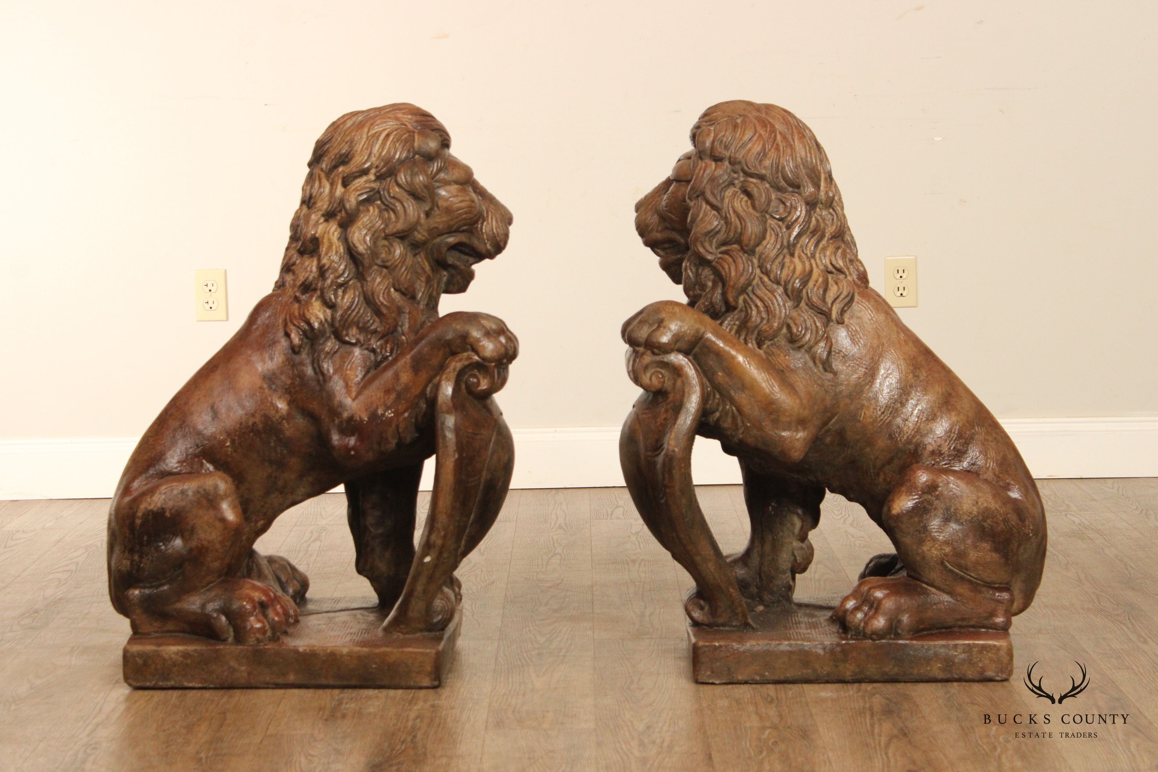 English Traditional Pair of Cast Stone Heraldic Lion Statues