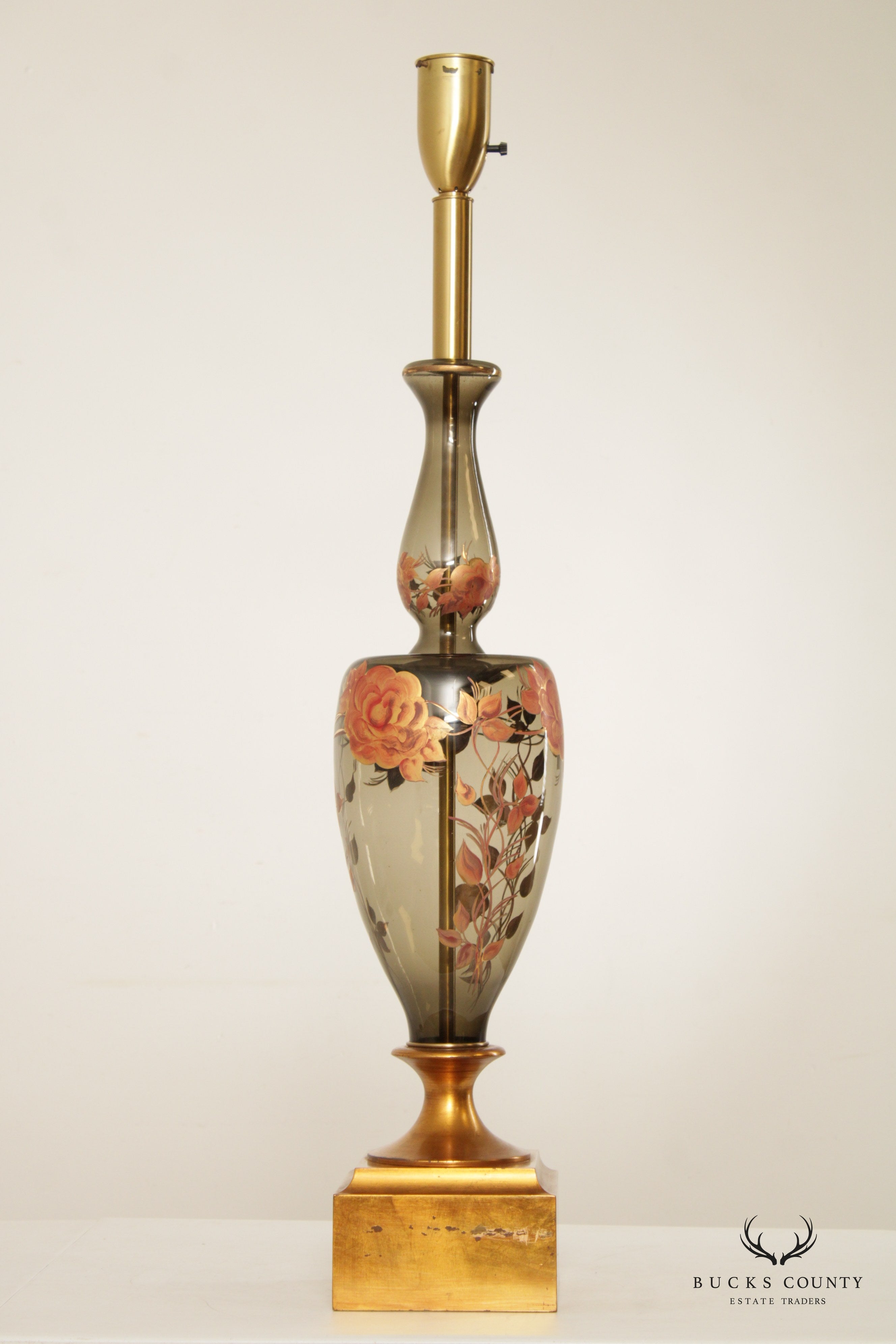 Murano Hollywood Regency Floral Hand-Painted Glass Tall Table Lamp