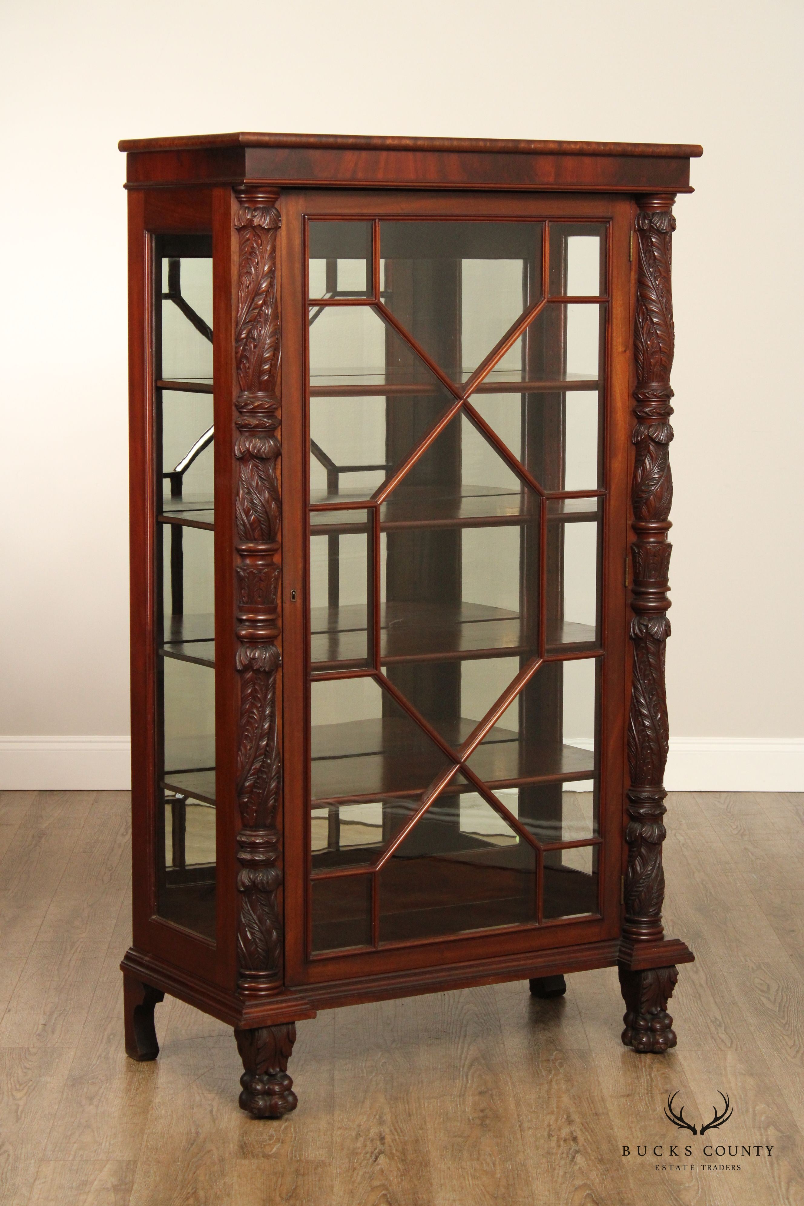 Antique Pair of American Empire Carved Acanthus and Paw Foot Mahogany China Cabinet Bookcases