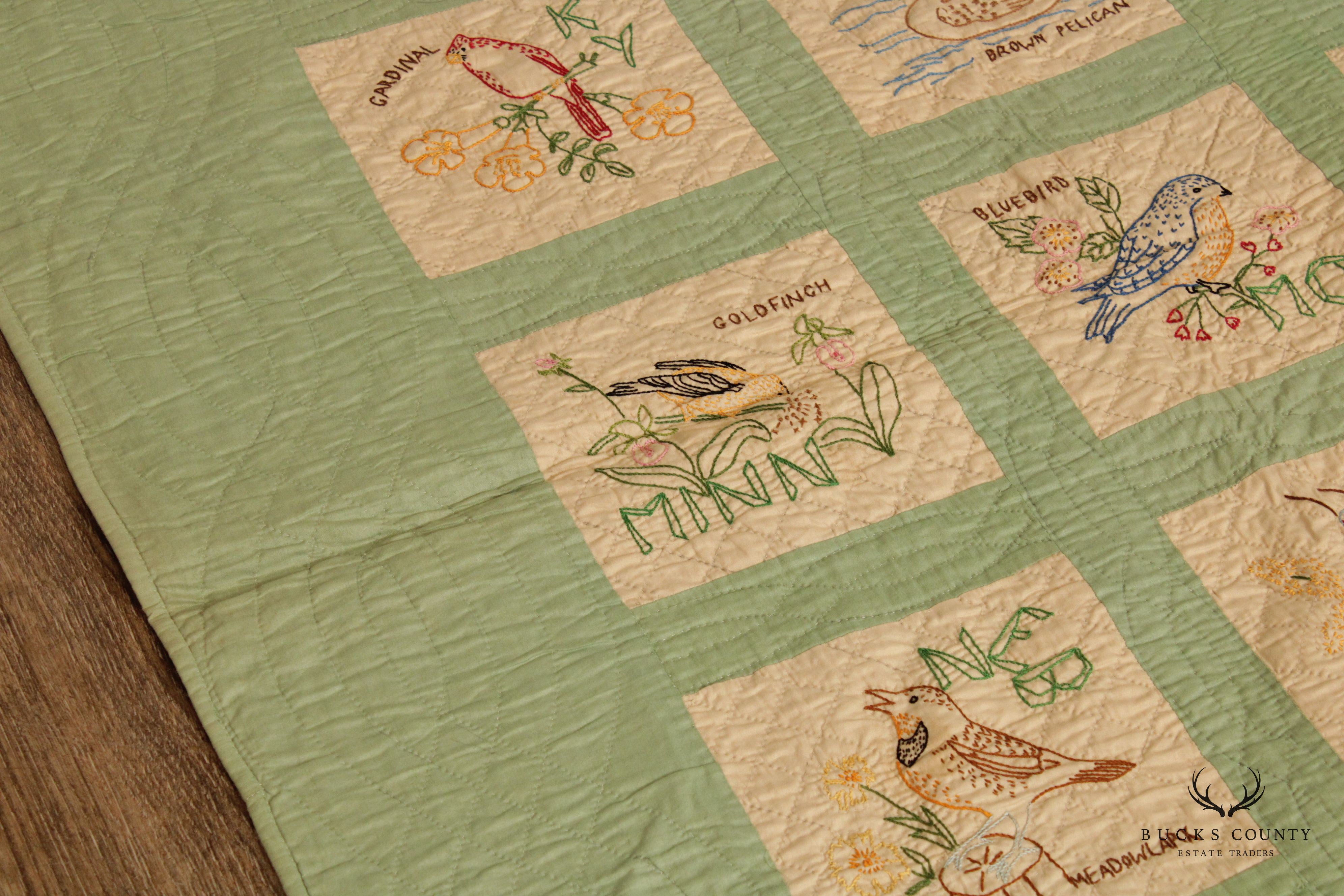 Vintage State Bird Embroidered Picture Quilt