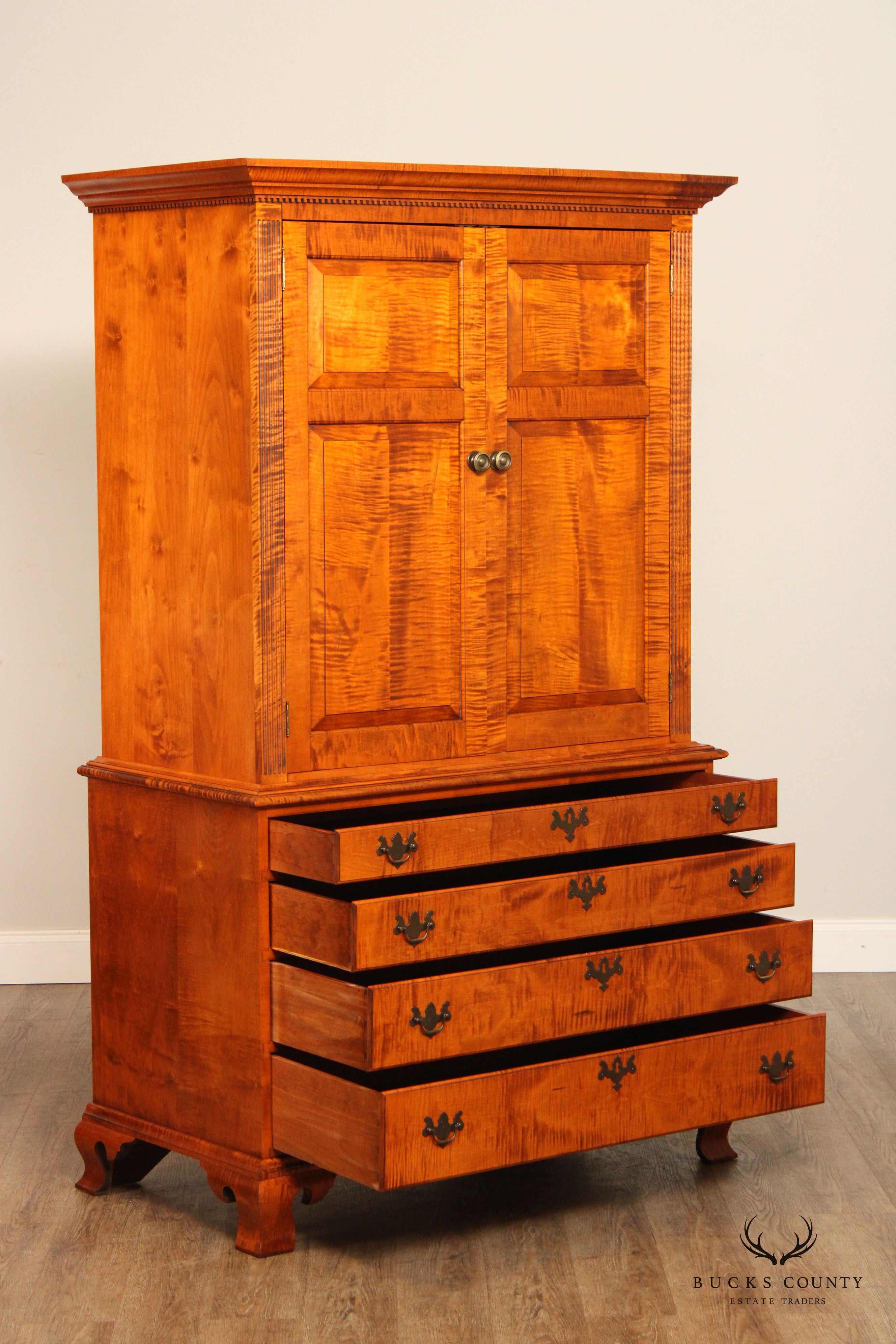 The Federalist Chippendale Style Large Tiger Maple Armoire