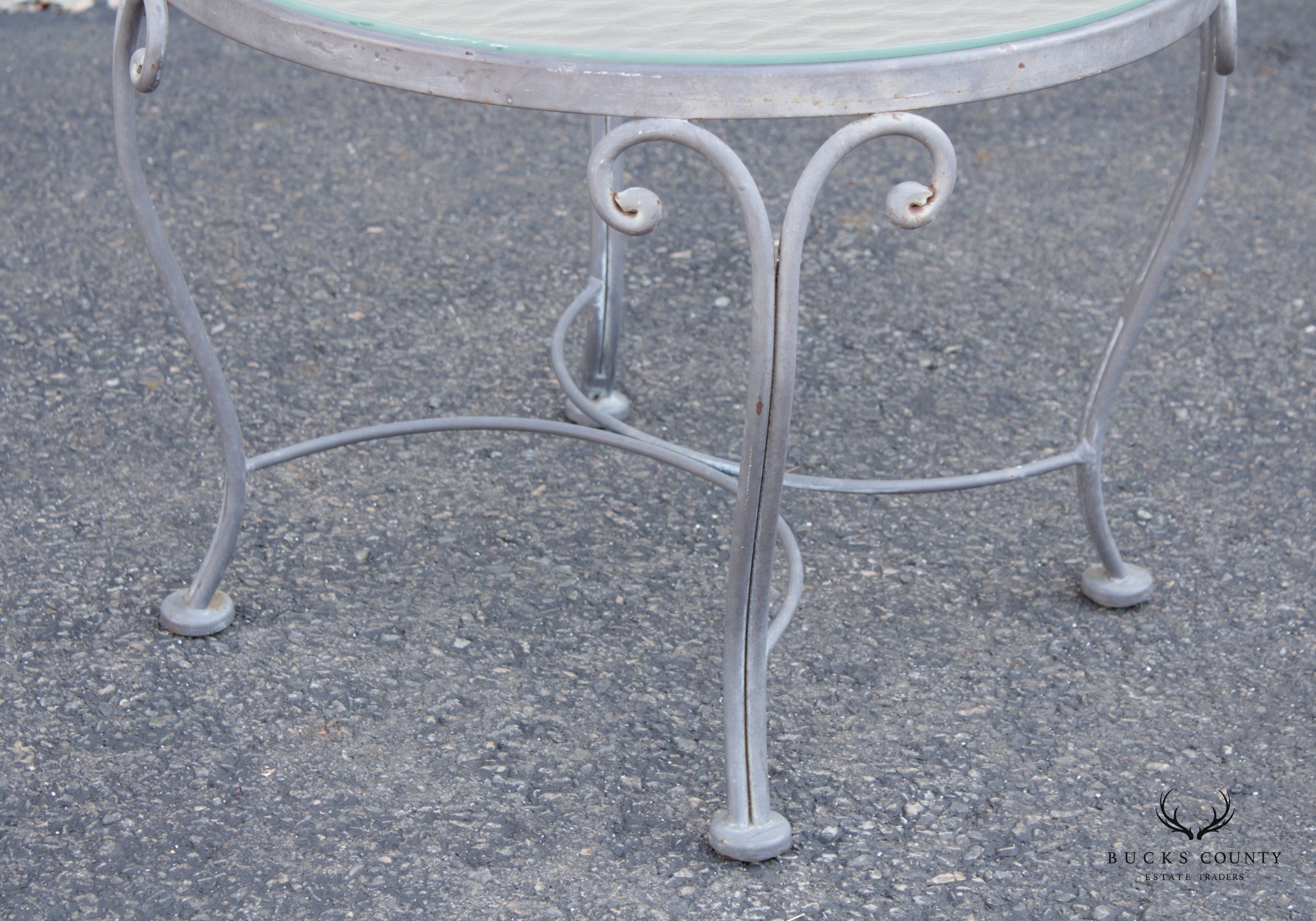 French Style Vintage Scrolled Wrought Iron Round Glass Top Outdoor Cocktail Table