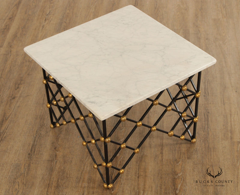 Vintage Wrought Iron Net Square Marble Top Cocktail Table