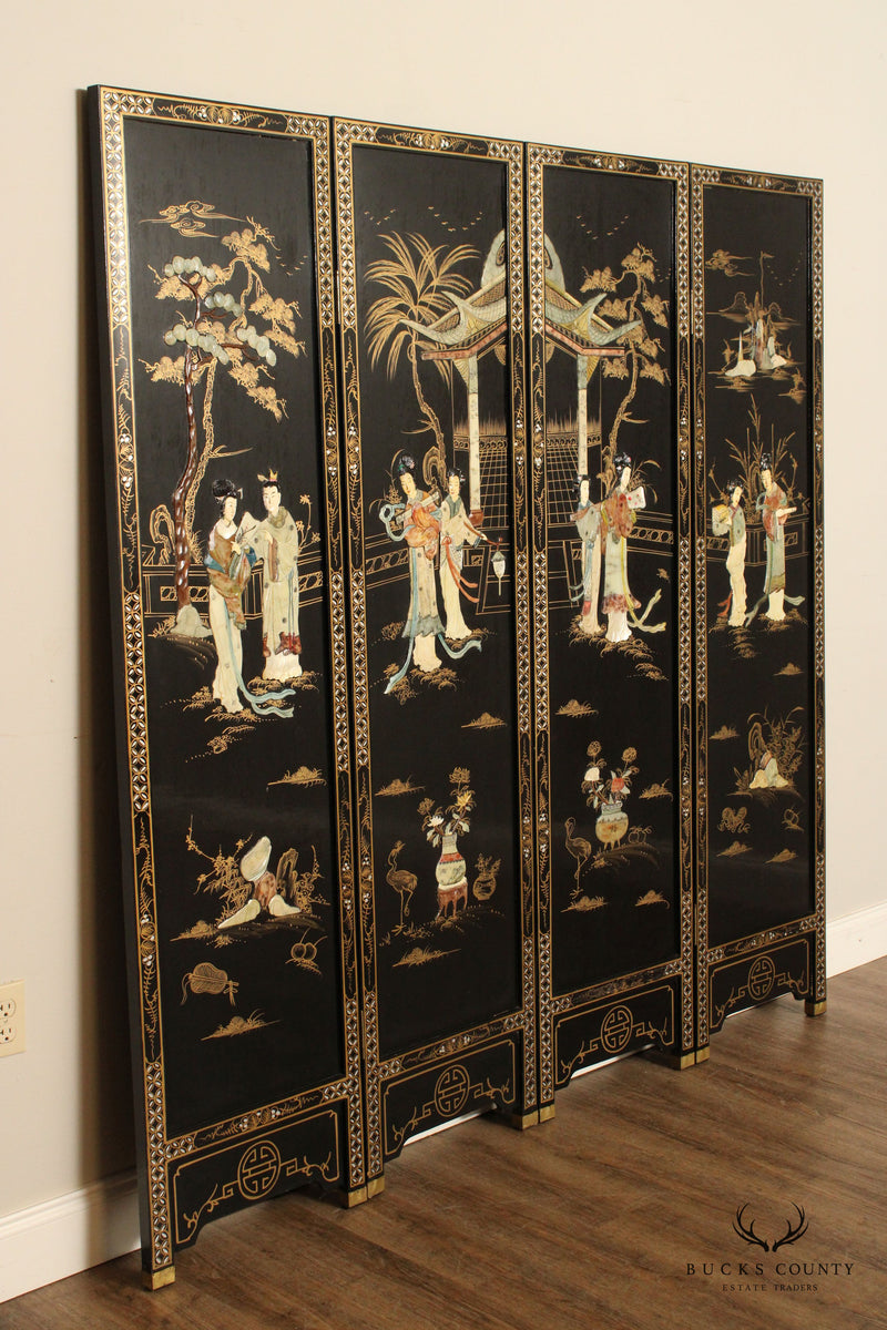 Asian Decorated Black Lacquer Four-Panel Folding Screen