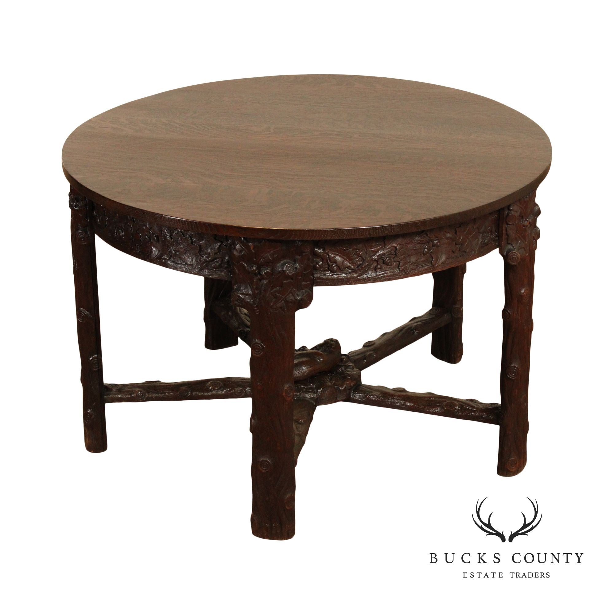 Antique American Black Forest Style Carved Oak Round Dining Table