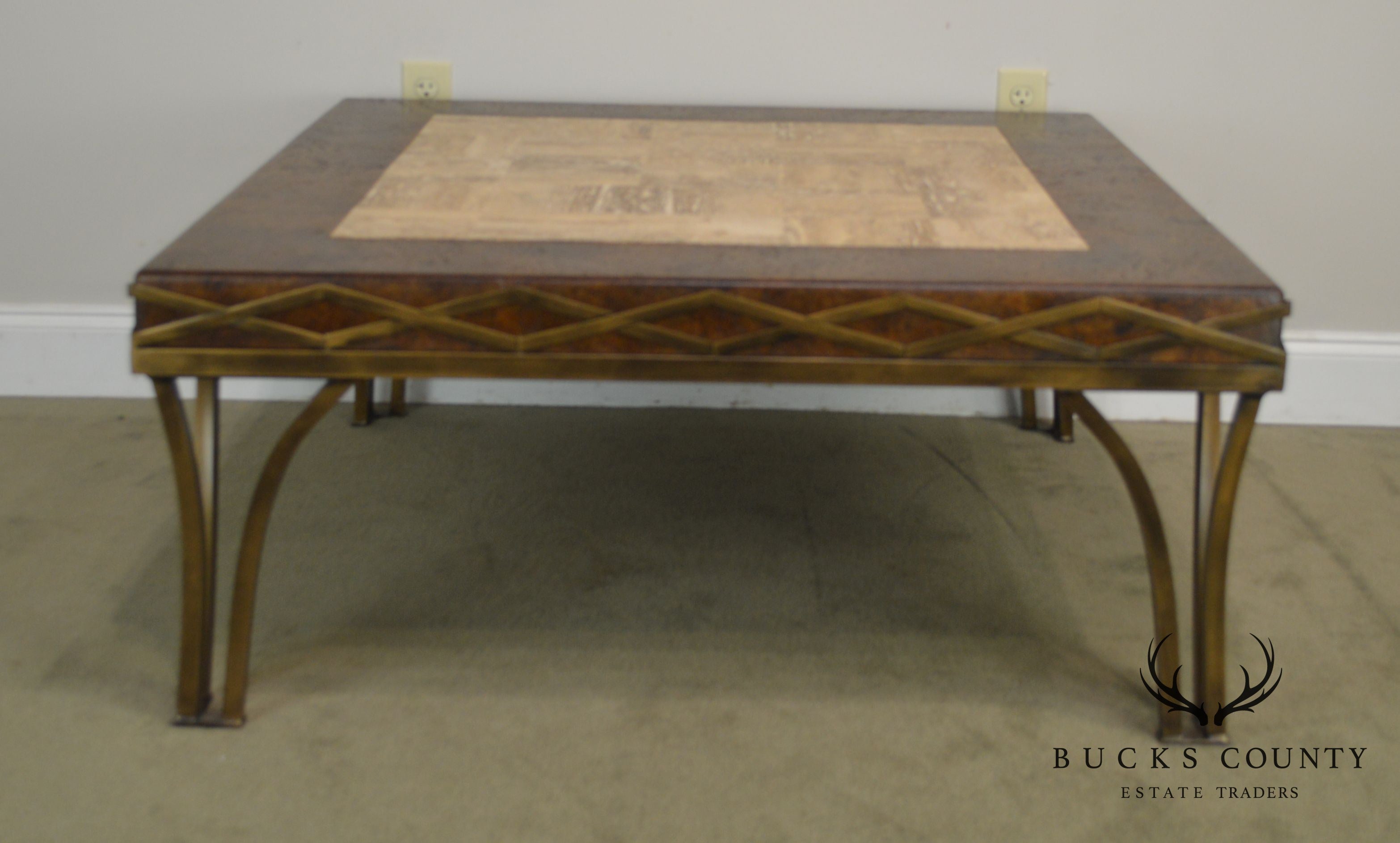 Iron Square Coffee Table with Cork & Tessellated Travertine Top