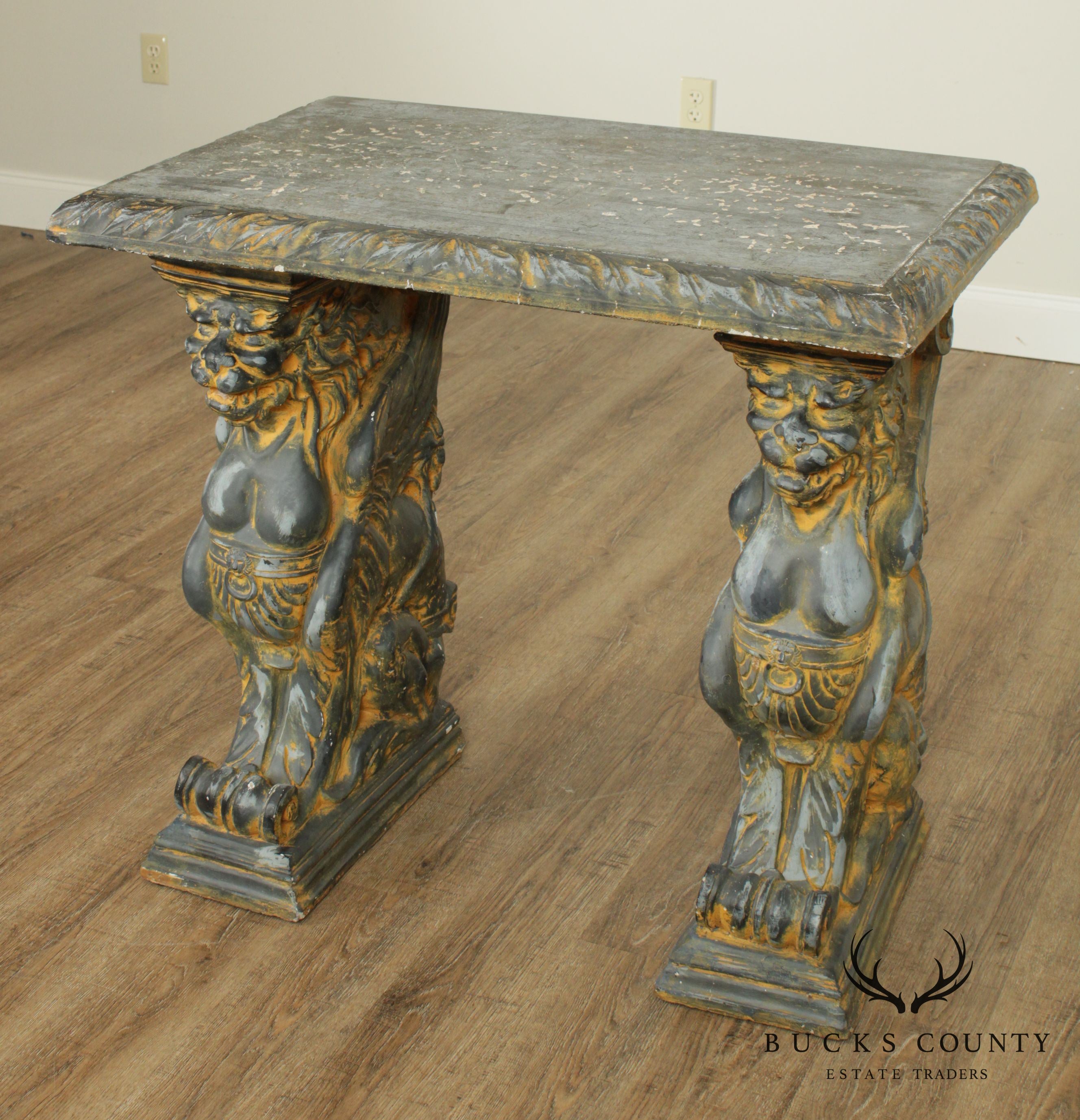 Vintage Cast Stone Winged Griffin Console Table