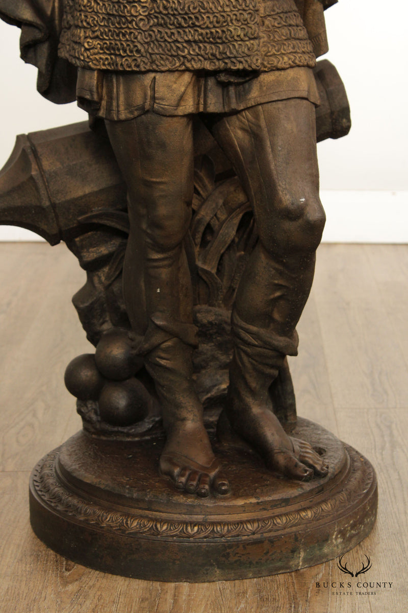 Antique 19th Century Renaissance Cavalier with Cannon Large Cast Metal Statue