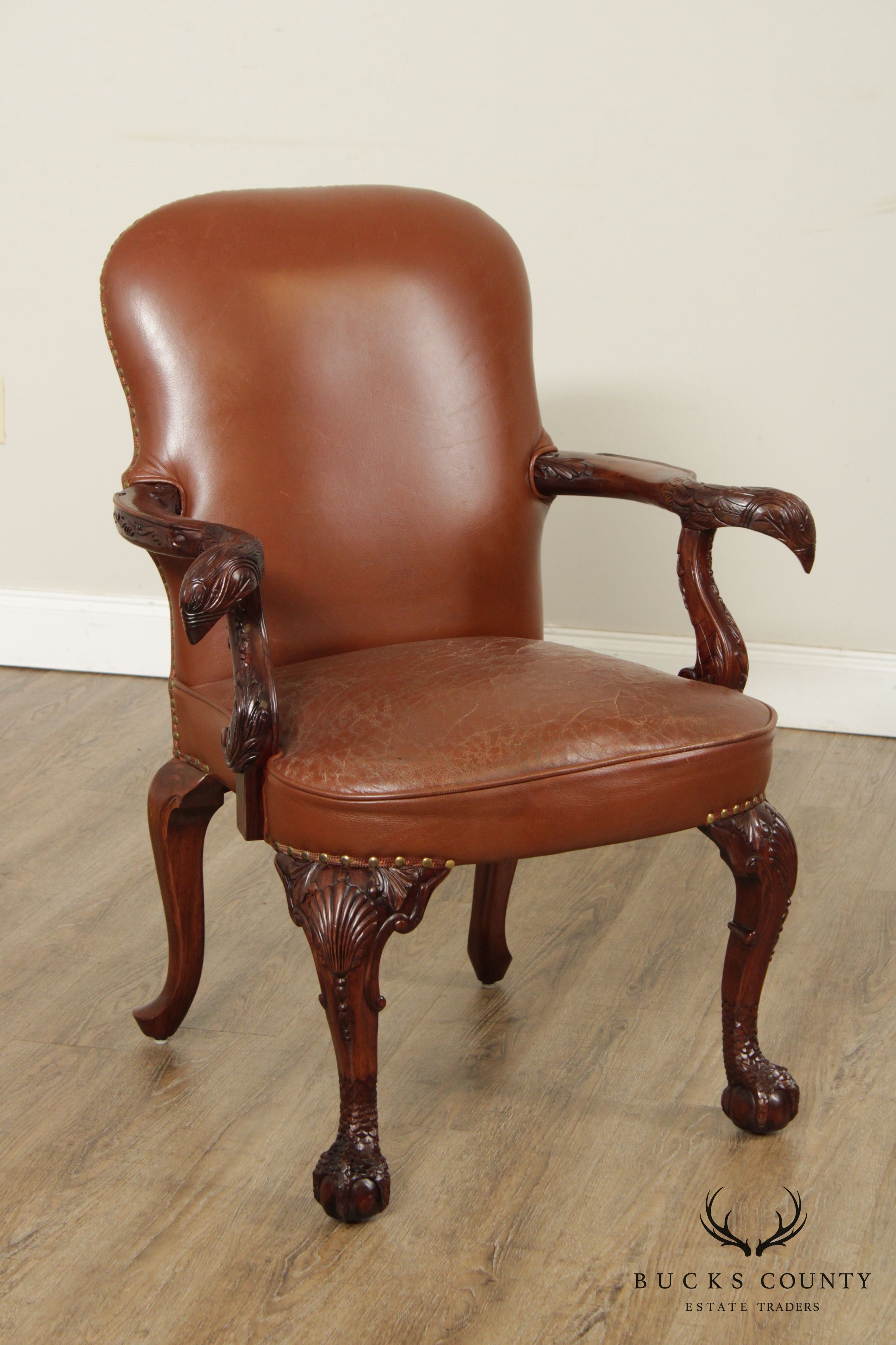 Georgian Chippendale Style Mahogany Eagle Carved Leather Armchair